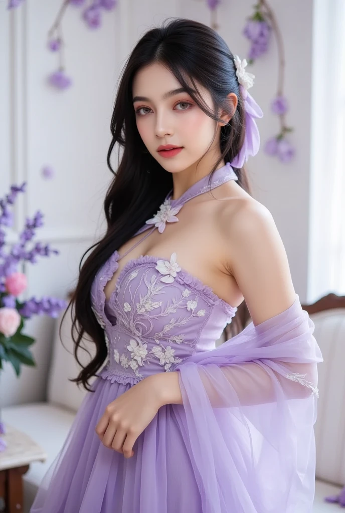 Top CG, Highest image quality, masterpiece, Gentle and beautiful girl, (185cm美女), (fit), Imperial sister, Queen temperament, White skin, ((Long legs)), perfect facial features, Bright Eyes, Seductive pose, Red lips, Beautiful and cold (A major breakthrough)), Beautiful and heroic, Soft and long hair, Glittering, Lace, net, Visible through clear skin, wear glasses, diamond earrings, ruby neckLace, (Purple dress), 8K Image Quality, (Realistic Portraits), Characters fill the screen, (Facial lighting), ((eternal)

