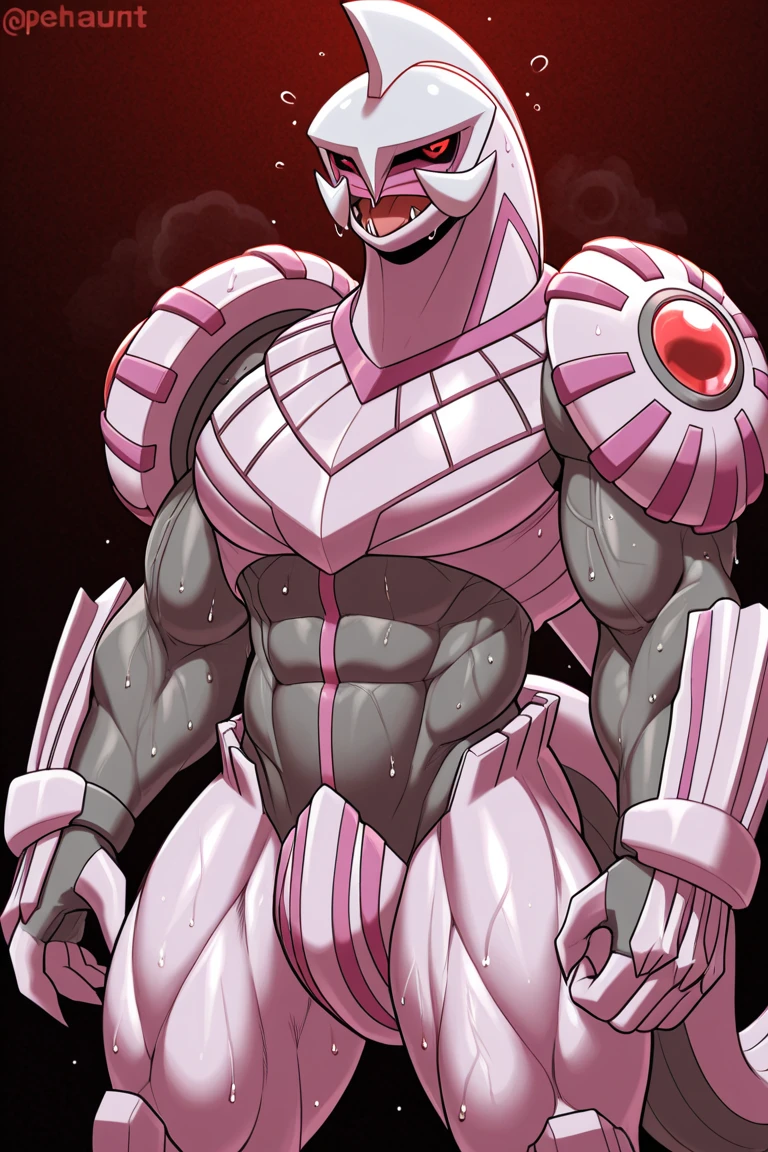 Angeldust, white and pink striped suit, moon, night, forest, pink gloves, white fur, fluffy, black chocker, sharp teeth, chest fluff, smiling, heart shaped pupils, pink thigh highs, extremely muscular, on knees, body shaking, abs, huge chest fluff, muscles growing, sweating profusely, extremely defined muscles, steamy, glistening, huge, muscles throbbing, muscles swelling uncontrollably