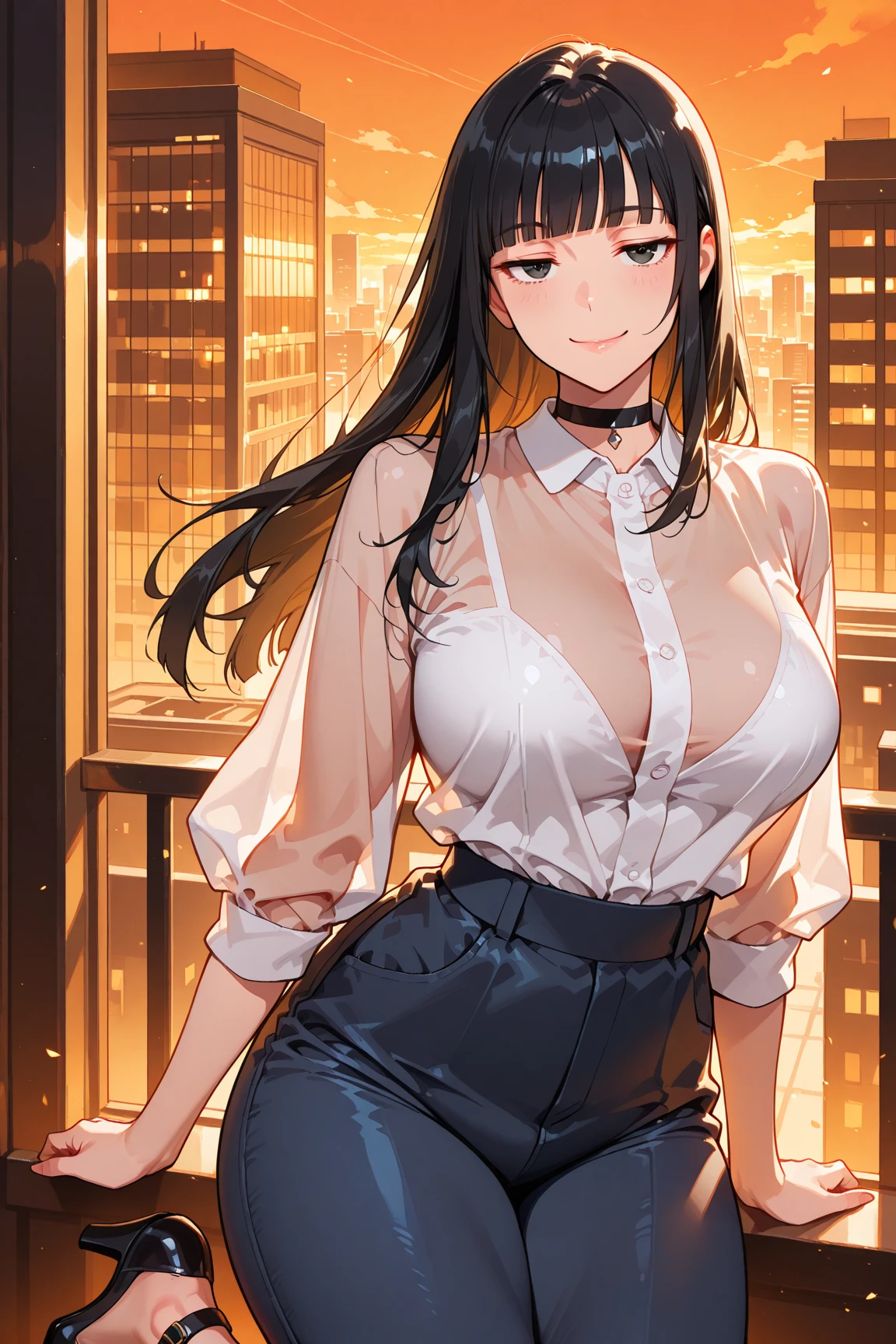 Green Eyes、((Highest quality, 8K, masterpiece :1.3)), whole body, Sharp focus :1.2, Beautiful woman with perfect figure :1.4, Slim Abs :1.2, ((Dark brown hair, Big Breasts :1.2)), Body Dress :1.1, (Night city view, Modern balcony :1.1), Highly detailed face and skin texture, Fine grain, double eyelid, Small Bust, OL Uniform, office Wear, White T-shirt, Exposed cleavage, (Black Pantyhose), (No pants), Indoor scene, office