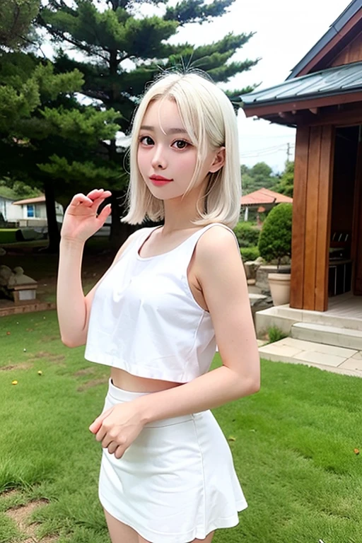 Best image quality、RAW Photos、超A high resolution、21 years old Korean、Small breasts、Dynamic Angle、Cowboy Shot、Chaos in its most beautiful form、elegant、Brutalist Design、Vibrant colors、Beautiful white hair、Short Bob、smile、fun、smile、Glowing White Skin、Beautiful eyes with random colors、Very thin lips、Beautiful eyes in every detail、 Narrow eyes、Cheeks are pale pink、Eyelash length、Beautiful double eyelids、eye shadow、Bright white hair、Black crop top、Lightweight see-through jacket、Transparent Top、Harem pants、garden、Cafe、Shooting from the rear、turn around、The wind is blowing、Hair fluttering、Hand gestures