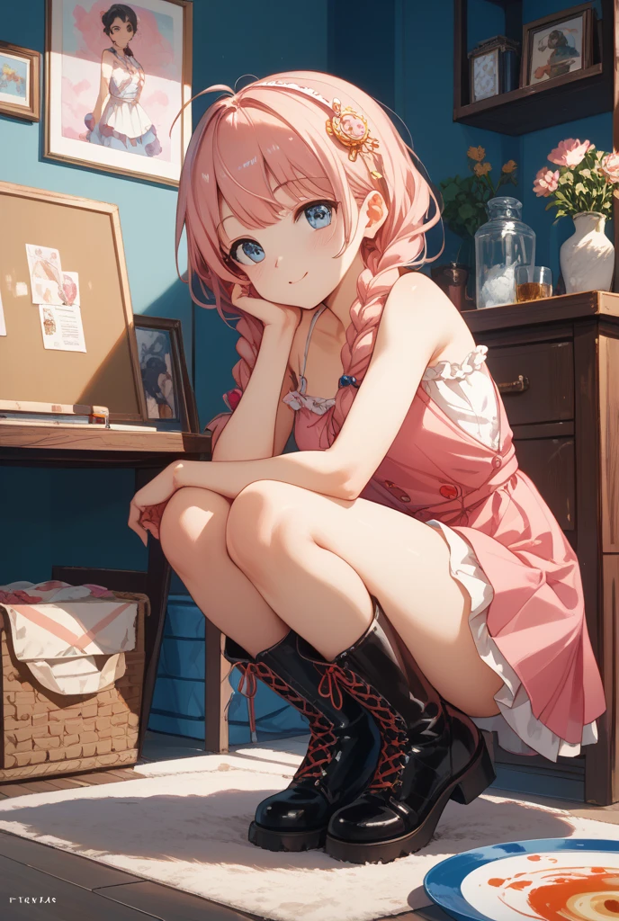 Anime Kawaii sexy Perfect Slim sensual body large breast and huge thighs, An intricate and highly detailed illustration of anime (Young girl) 一个女人sitting on a stool露出她臭脚的low angle，sitting on a stool，low angle，正面，bare feet，focus on feet，Pink off-shoulder t-shirt，There are bangs between the eyes，long hair，chestnut hair，shorts jeans，anatomically correcte, There is a huge yellow five-pointed star clip in her hair，pink eyes，eyes for details，pretentious smile，look at the audience，point-blank，wide angle lens，perspective drawing, two feet，simetria bilateral