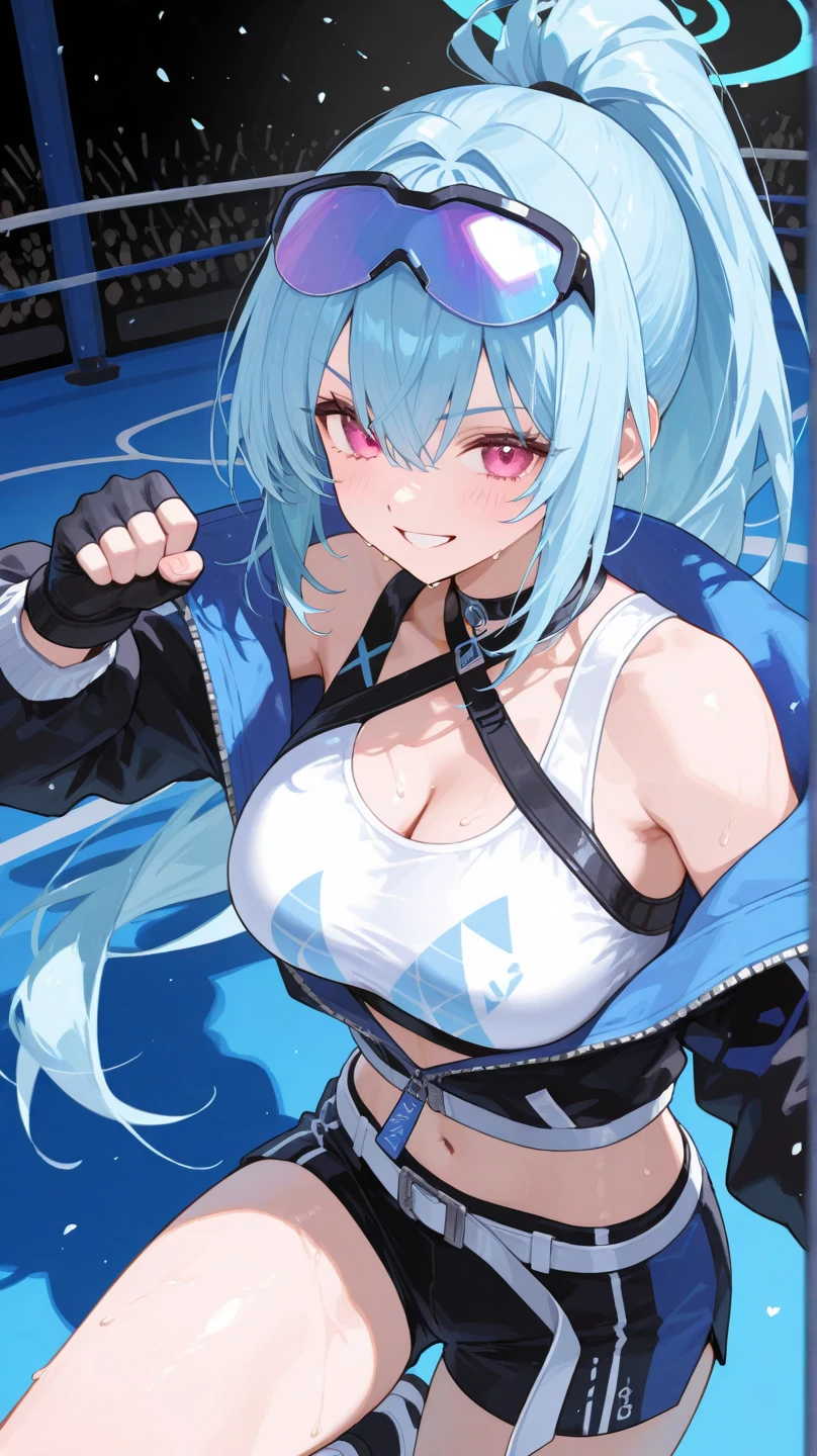 best quality, highres, ultra-detailed), blue hair, short tight exercising pants, sport singlet, sculpted curves, captivating gaze, energetic pose, dynamic action, intense concentration, competitive spirit, agile movements, sweat glistening, determined expression, fierce athleticism, high-energy atmosphere, motion blur effects, vibrant colors, dynamic lighting, big boobs