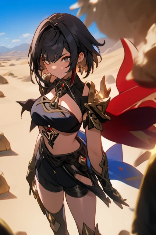 Black Hair、(A dwarf girl warrior stands with a heavy axe.)、(Huge breasts)、(Underboob、Sideboob)、Blue metallic bikini、Camel toe、((Chibi、he is short)、glamorous、curve、Wide Hips、Thick thighs)、(NSFW)、(Many colorful jewels)、(Inside the cave)