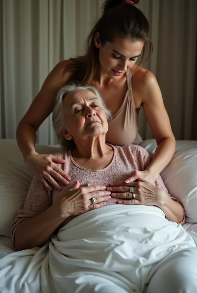 Create a photo of a 30 year old young woman, with a slender and beautiful body, wearing a black low-cut tank top and jeans, with white and clear skin, with long light brown hair and has her back to the camera as she is lifted high on the shoulder of an obese black 90 year old elderly lady, dark black skinned, who has short hair, who wears glasses and a blue dress