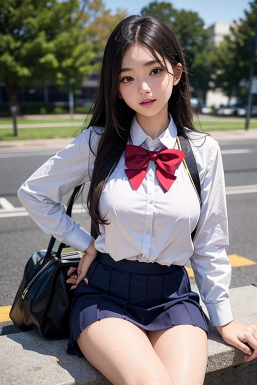 angle from below, Move your center of gravity back, pretty embarrassing, ((((V-string, pubic hair)))), (((mini)skirt))thin legs, tight skirts, knees at 90 degrees, heels on the ground on, hands in front of my feet, kneeling down to ((spread legs)), sidewalk, RAW photos, 8K, highest quality, ultra-high resolution, beautiful faces detailed, real human skin, gentle expressions, Front view, long hair, realistic, photorealistic, cute, (((mini)skirt)), deep in the city, cute school girl, Japanese schoolgirl uniform, wearing Japanese school uniform, surreal high school girl, whole body, (NSFW)