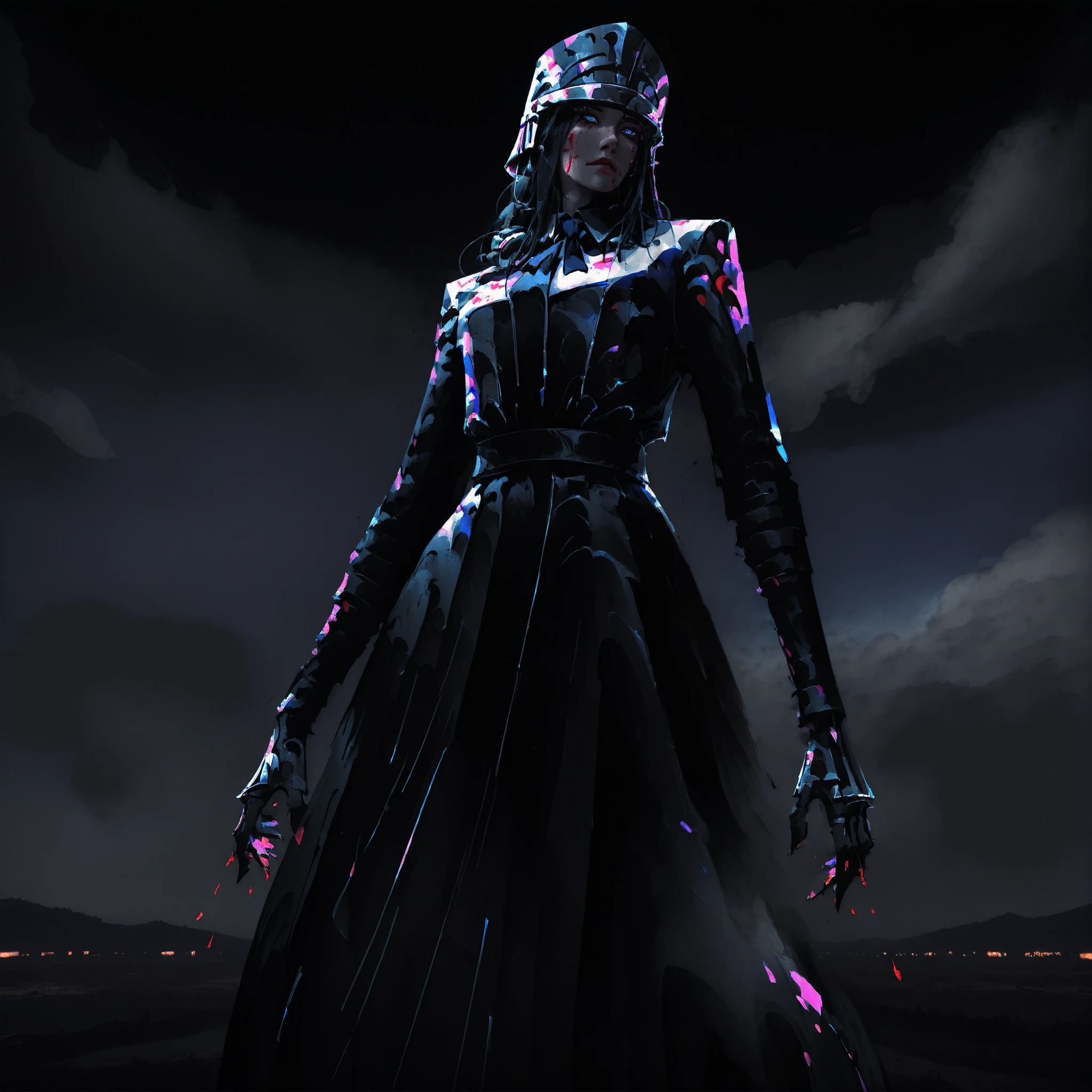 artist: wlop, masterpiece, best quality, illustration,( a woman with pale skin), black hair, long hair, cold blue eyes, detailed face, wearing victorian ball gown, wearing dark gray Victorian battle dress with metal on it, wearing dark gray, battle dress with armor on skirt, iron helmet fantasy, perfect anatomy, detailed, lighting, colorful, slim body, fit body, ideal ratio body proportions, tall, Realistic Shadows, detailed face, detailed eyes, epic, highly detailed, illustration style background, cinematic background, cinematic lighting, detailed eyes, Official Art, face focus, eye focus, high resolution, cinematic, perspective, dark tones, scenery background, pose, 8k, night sky, landscape, (official art), （scenography）, （the Extremely Detailed CG Unity 8K Wallpapers）, perfect anatomy, detailxl, SoulFightersStyle-IL.V1.0, SoulFightersStyleSplashArt-IL.V1.0, simplistic style, night sky, blood on clothes, blood splatter, covered skin,