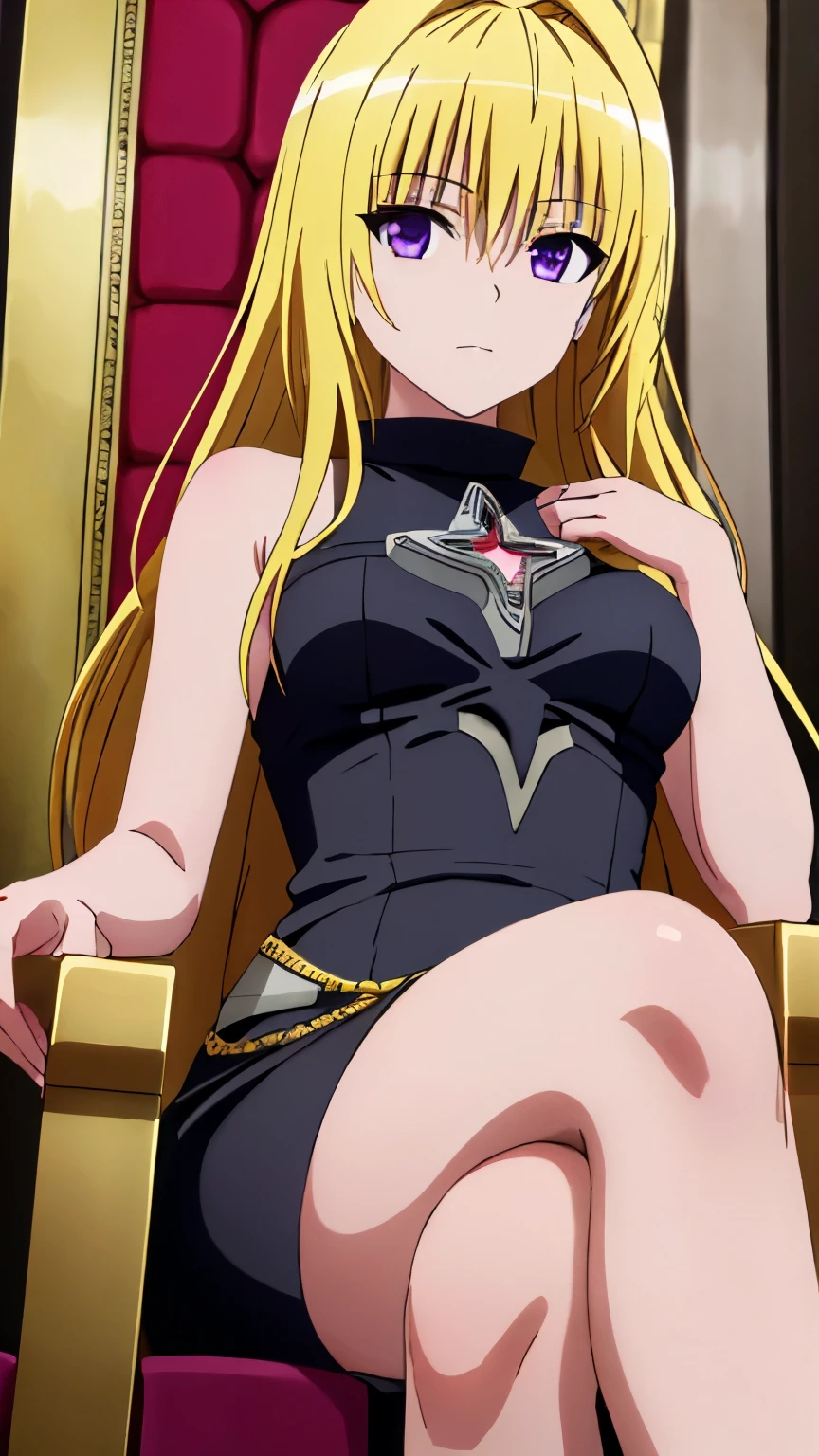 (Top quality, masterpiece, 8k:1.2), (anime coloring), (pixel-perfect, detail-perfect), very detailed, perfect hair style, beautiful eyes, perfect eyes, detailed eyes, perfect eyebrows, perfect face, detailed face, perfect hairstyle, ultra-detailed, detailed eyes, symmetrical eyes, sharp detailed, 1girl, solo, konjiki no yami, (blonde hair), (long hair), (purple eyes), (mature face:1.0), slim, slim body, (small breast:1.2), ((expressionless)), (nffsw, luxurious golden dress, closed mouth),(Inside the castle, (luxury throne), sitting, crossed legs), from below, looking at the viewer, in the center of the image,  dutch angles,