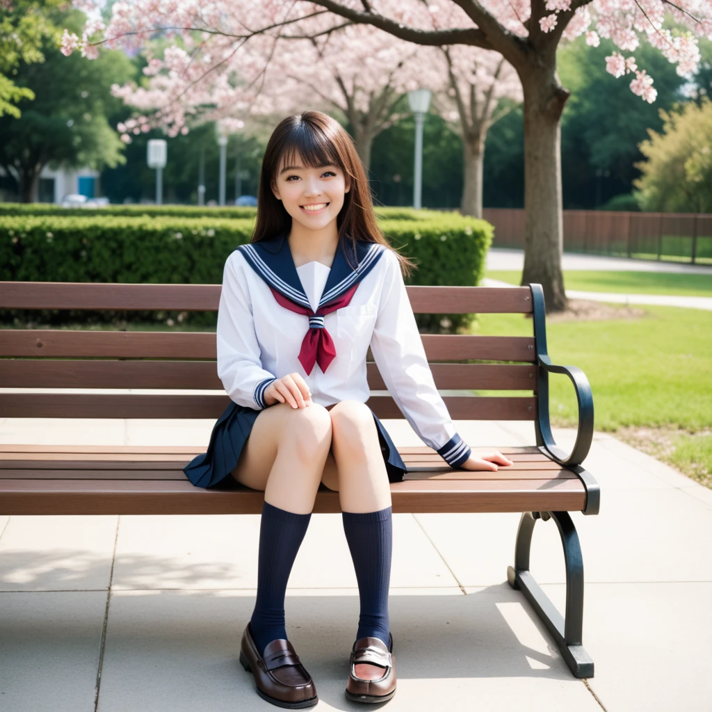 high school girl、blazer、skirt、Knee-high socks、loafers、Bobcut、smile、Thighs、bench、garden