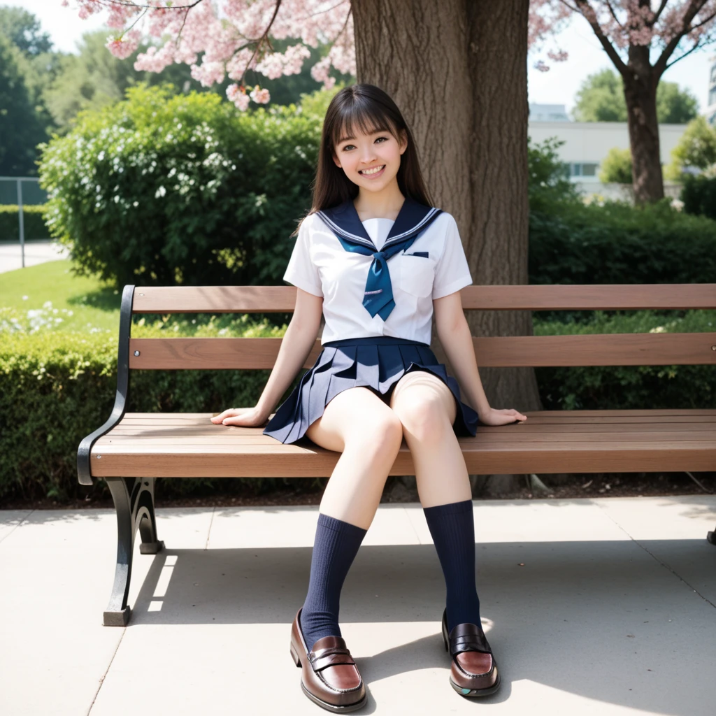 Pure Japanese school girl, sexual attractive, outstanding body, beautiful legs, shiny white skin, wearing loose uniform, panty, sneakers, natural hairstyles, sweet smile, sitting on bench, refreshing in early summer morning, composition from the front,