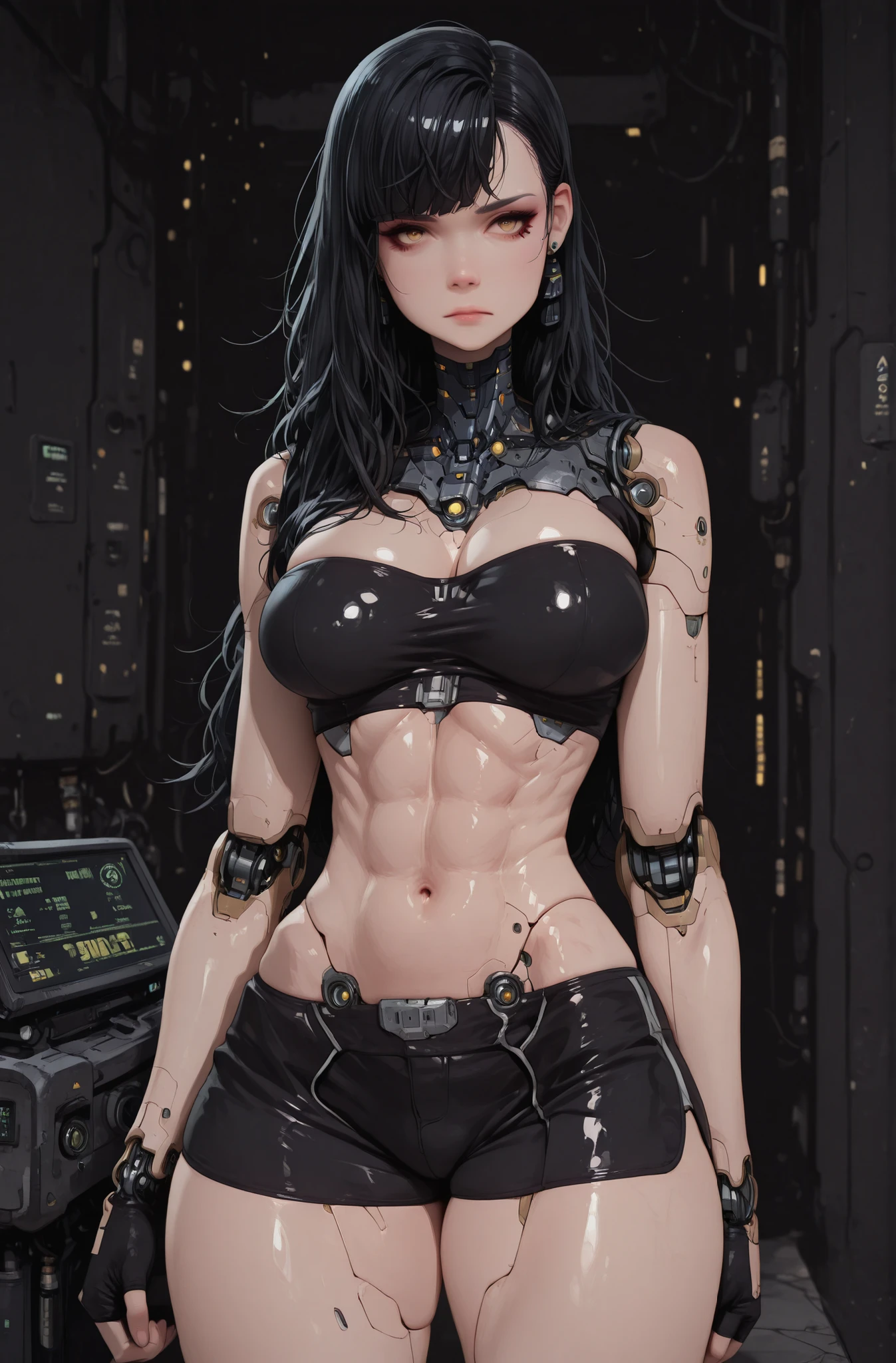 (masterpiece:1.35), (very aesthetic, best quality:1.3), highly detailed, dark environment, backlit, absurdres, no lineart, hyperdetailed realism, addmicrodetails, detailed shading, realistic textures, female focus, 3d anime style, dark background,
Indoors, chromatic aberration, sharp detail,
simple background, solo, metallic textures, plastic, glossy, android, cyberpunk, futuristic aesthetic, mechanical anatomy, roboti details, detailed mechanical joints, skin lines,
Adorable and attractive, female, long hair, shiny hair, black hair, shiny plastic skin, black earrings, curvy and petite, yellow eyes, perfect breasts, very narrow waist, skindentations, hip_indentations, very small abs, slender, round hips, thick thighs, long swept bangs, disheveled hair,
Black trim, revealing outfit, fingerless gloves, black tube-top, black spandex shorts, impossible clothes, exposed midriff,
Standing, facing viewer, neutral expression, dynamic pose, expressionless, lips, eyelashes, eyebrows, eyeliner,