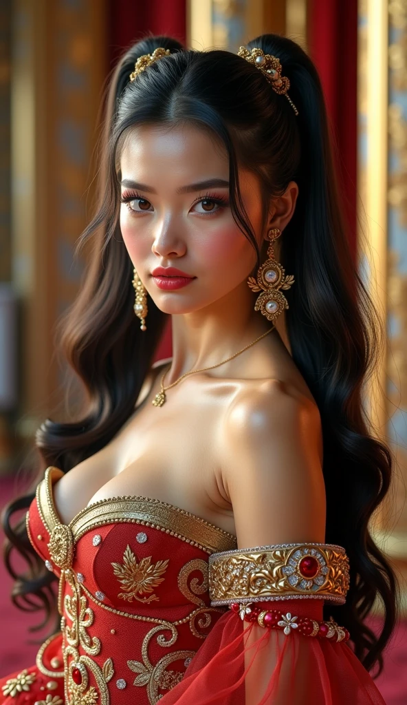 8K,exotic attractive woman,Super beautiful(like the real thing),National costume,beautiful expression,smile,masterpiece,Photorealistic RAW photos of the highest quality。bright colors,rich colors, Backlight, cinematic lighting, film grain, to be born, 50MM lens, Nikon D850,super realistic skin,fantasy art,character art,ultra high resolution,realistic scale skin,Perfect hand shape,view audience,smile,beautiful expression,Close-up,muscular slim body,Makeup,sexy,dynamic pose,Close-up,emphasize cleavage,