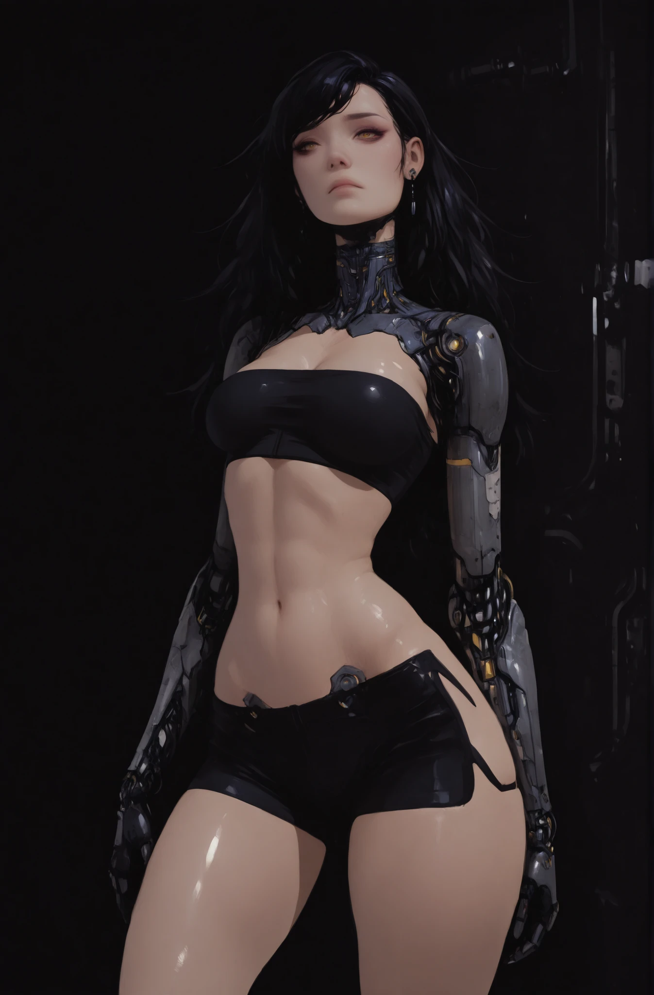 (masterpiece:1.35), (very aesthetic, best quality:1.3), highly detailed, dark environment, backlit, absurdres, no lineart, hyperdetailed realism, addmicrodetails, detailed shading, realistic textures, female focus, 3d anime style, dark background,
Indoors, chromatic aberration, sharp detail,
simple background, solo, metallic textures, plastic, glossy, android, cyberpunk, futuristic aesthetic, mechanical anatomy, roboti details, detailed mechanical joints, skin lines,
Adorable and attractive, female, long hair, shiny hair, black hair, shiny plastic skin, black earrings, curvy and petite, yellow eyes, perfect breasts, very narrow waist, skindentations, hip_indentations, very small abs, slender, round hips, thick thighs, long swept bangs, disheveled hair,
Black trim, revealing outfit, fingerless gloves, black tube-top, black spandex shorts, impossible clothes, exposed midriff,
Standing, facing viewer, neutral expression, dynamic pose, expressionless, lips, eyelashes, eyebrows, eyeliner,