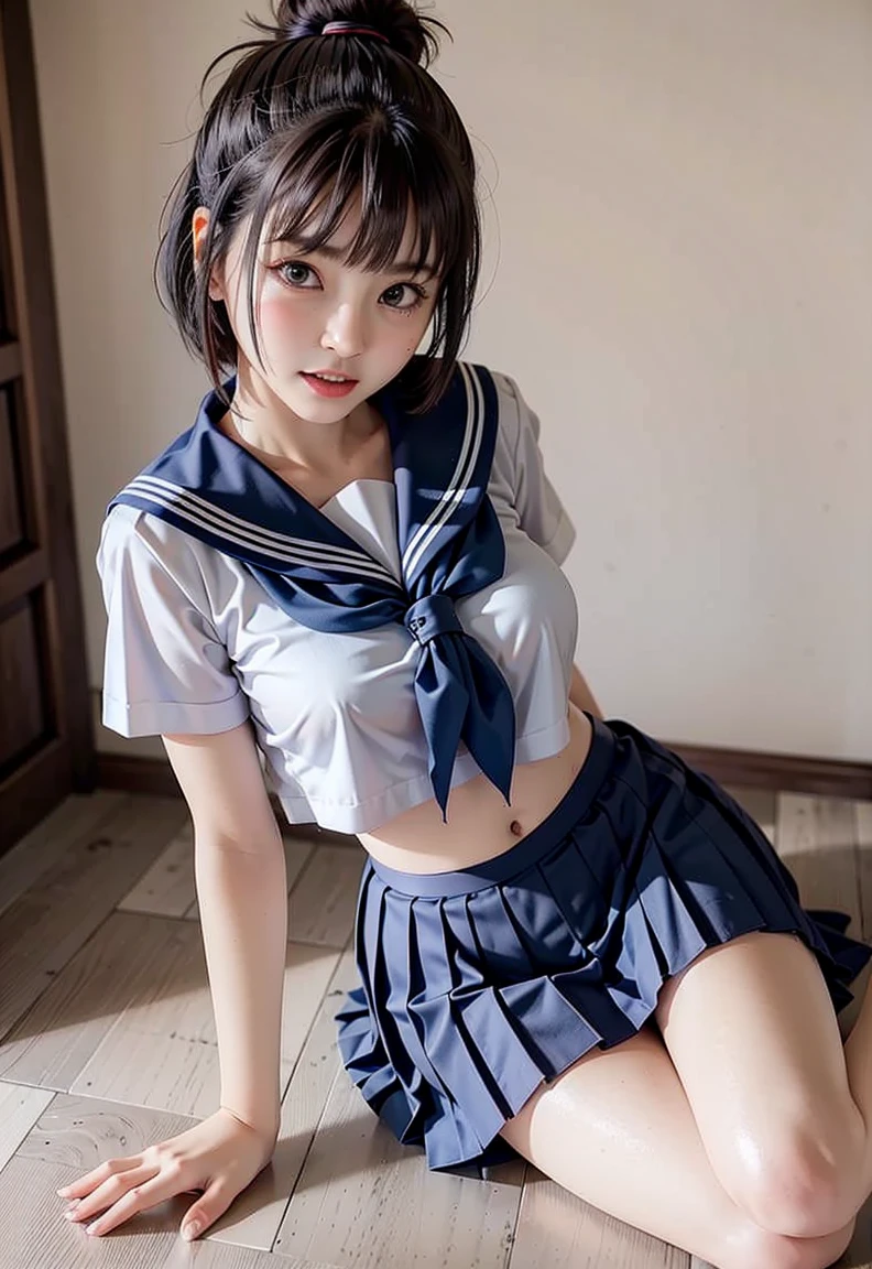 Masterpiece、highest quality、Woman 1、Super detailed、nsfw、Bottom view of a woman　Black Hair　Japanese high school girl sailor suit、skirt lift、Skirt lift　Muscular thighs、vagina、Pussy、clitoris、semen、Female organ　A lot of sperm、Sperm-drenched、Naughty、Urinating、こちらに向かってUrinating　ceiling
