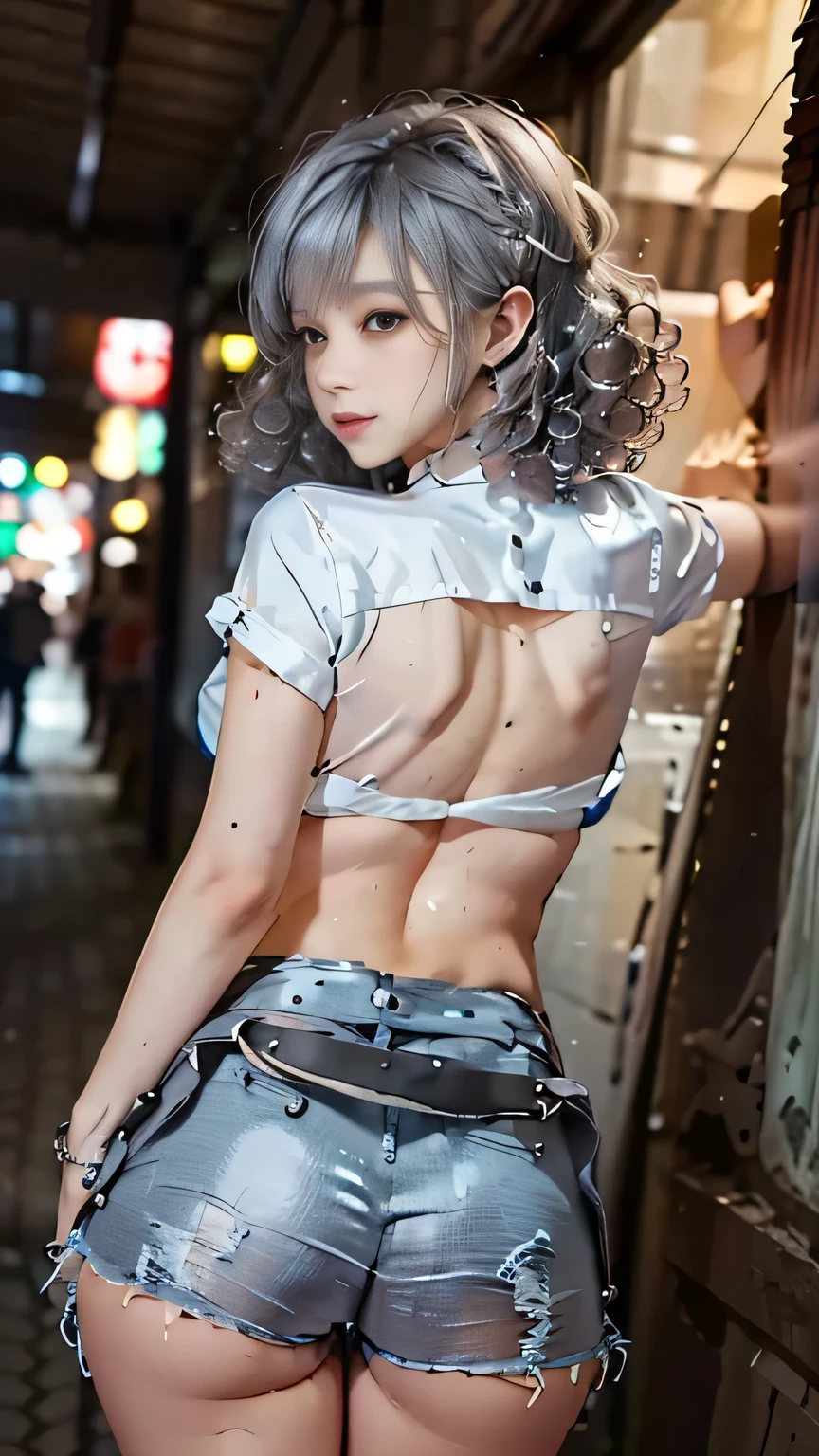 (NSFW)、Photorealistic perfect body、Ultra-high image quality、Ultra-high realistic image quality、(Japan Gal:1.5)、(mature face:1.0)、(Solo)、(medium breasted:1.lender、(bangss)、(Silver hair color:1.3)、(voluminous curly hair:1.5)、(long hair:1.5)、A smal Style Makeup、(white shirt, jewelry, shorts),(sexy pose, , wall), (), looking at the viewer, in the center of the image, (cowboy shot), dutch angle, 