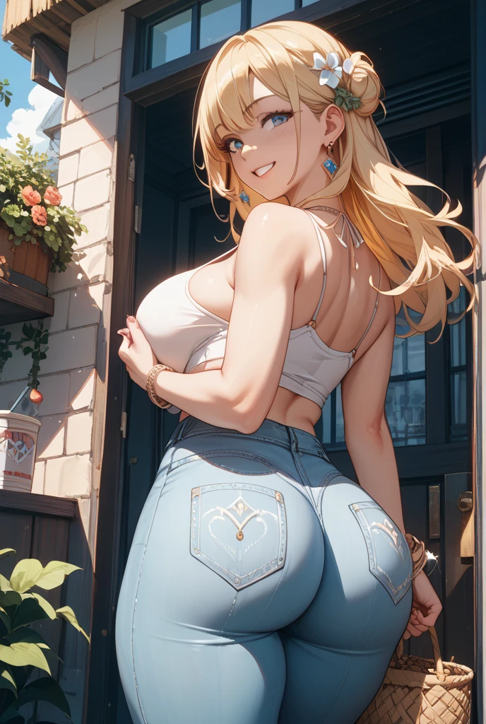 top-quality、Top image quality、masterpiece、girl with((18year old, Beautiful blue eyes, Orange T-Shirt、White see-through、White pants、Short Pigtails white blonde hair、grin、Fashionable bags、Beautiful blue earrings、Big butt, emphasis on the buttocks、A slender、Height 175cm,posterior view、Leaning forward, hiquality、Beautiful Art、Background is a sunset, masutepiece、Elaborate design、visualart、depth of fields、The best lighting、highestdetailed、Seductive makeup, Show Lighting, canon, retinas, masutepiece, accurate, Anatomically correct, Textured skin, Super Detail, high details, High quality, awardwinning, Best Quality, hight resolution, 1080p, hard disk, 4K, 8K, 16 K
