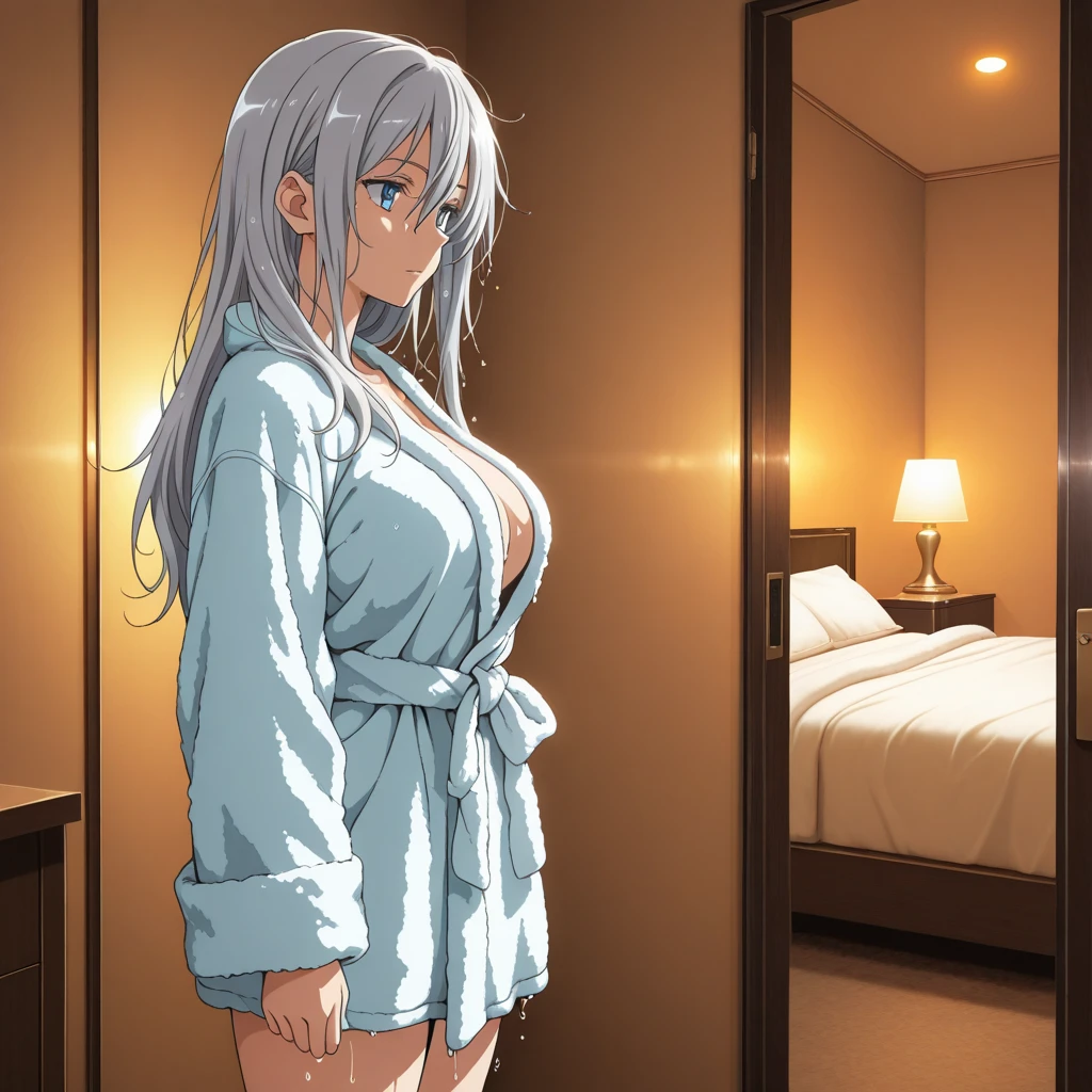 A woman in room, eye red, silver hair, casual clothes