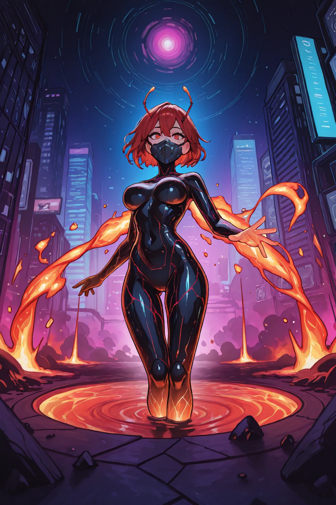best quality, ultra-detailed, best illustration, masterpiece, high res (1girl:1.3), ((solo)), (perfect anatomy) (perfect face), ((anime girl)), (((1girl)))), (((solo))), ((((alone)))) medium dark brown hair, ((((fully enclosed smiling mask)))), (((faceless))), (((glowing red eyes))), ((((brown skin)))), wide hips, huge breasts, narrow waist, thick thighs, standing in a dark room, ((flat chest)), (((full body skin tight white and red suit))), ((((being held in the air and fucked by blue glowing tentacles)))), (((penetration)))