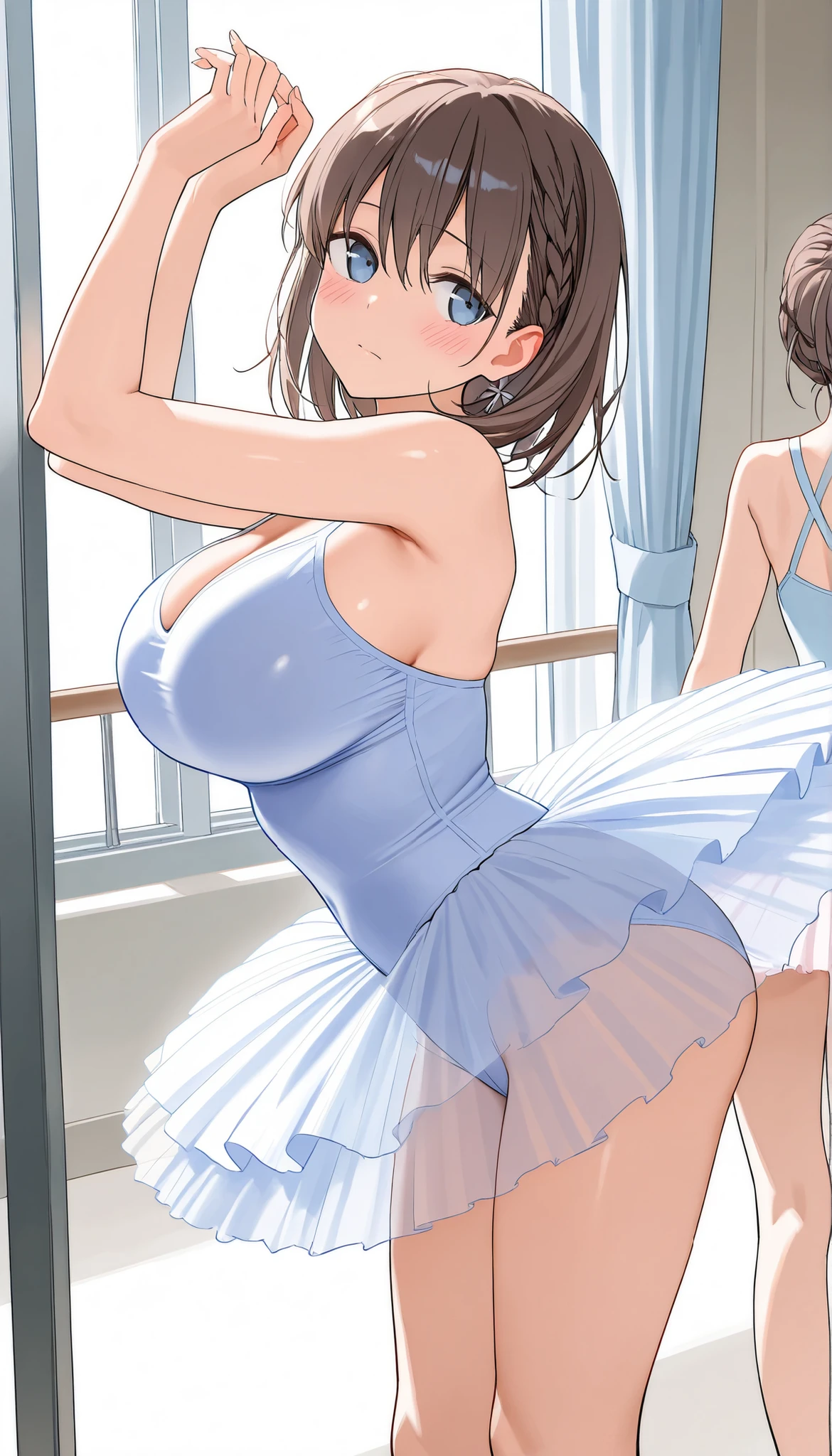 masterpiece, best quality, ultra detailed, highres, 4k, score_9, score_8_up, score_7_up, source_anime, 1girl, ai-chan from tawawa on monday, large breasts, blush, ballet studio, ballerina, tutu, bare legs