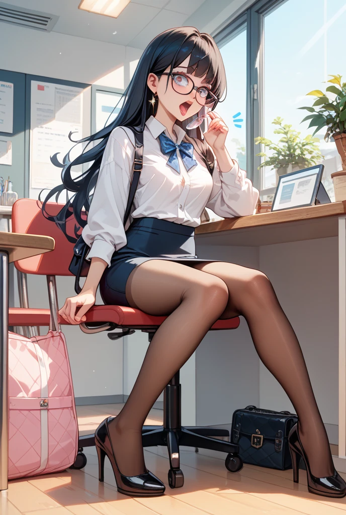 穿着超短裙和接缝丝袜的美丽性感秘书全身照片,stands_straight, ((solo)), adult, in the office, high heels, craves, strokes_herself