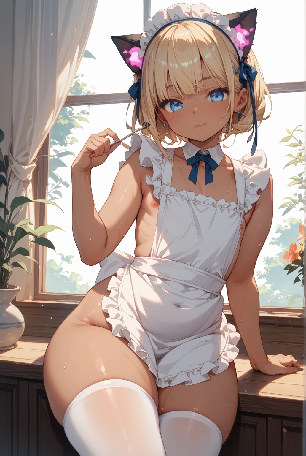 (masterpiece, Highest quality), (Ultra-high resolution, 8K RAW Photos, Photorealistic:1.5, Fabric Shading, Thin contours), Beautiful mature woman preparing a tea party in the garden, (Tea set, you can, Tea cup, Some cakes on a plate), Gothic Table, (伝統的なダークブラウンのMaid clothesを着用, Maid clothes:1.2, Long Flared Skirt, apron), tall and leggy, Long white hair, Wearing borderless grass, (Mature Woman:1.5, 28 years old, alone), ( Tight waist), (Long white hair, Hair on one eye, Updo, Side Lock, Asymmetrical Hair, Wavy Hair), (Bright Eyes, Fine grain, A face with attention to detail, perfect face shape, Bloodshot eyes), (A seductive smile, Half-close your eyes), (Looking at the audience:1.3), (Dynamic Angle, Thigh focus, From side to bottom:1.2), ((Correct Anatomy:1.5, The right move)), (Ideal body proportions), Outdoor, Glass Garden, ((Garter Stockings))((black thong))