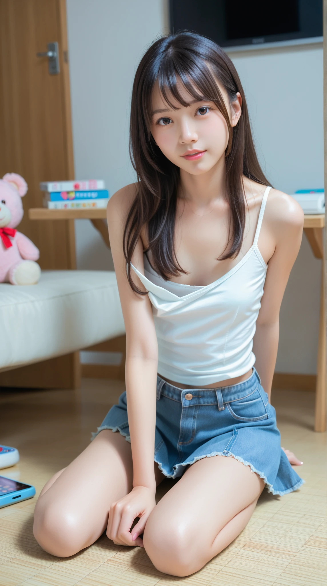 highest quality,Photo quality,Ultra-high resolution,Professional Lighting,14 years old,Beautiful face like an actress,With bangs,Sexy shorts:1.2、Amazingly cute、