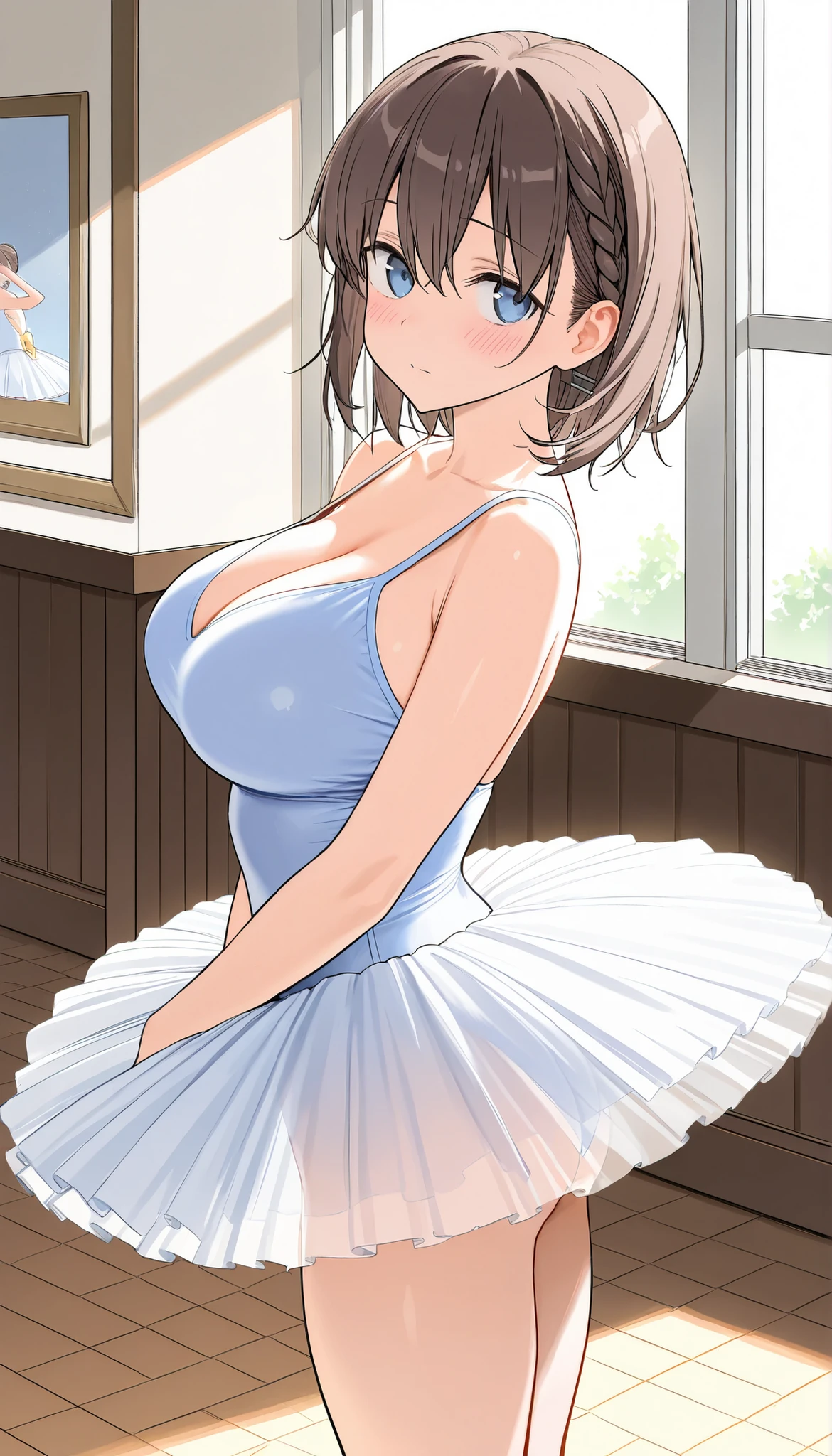 masterpiece, best quality, ultra detailed, highres, 4k, score_9, score_8_up, score_7_up, source_anime, 1girl, ai-chan from tawawa on monday, large breasts, blush, ballet studio, ballerina, tutu, bare legs