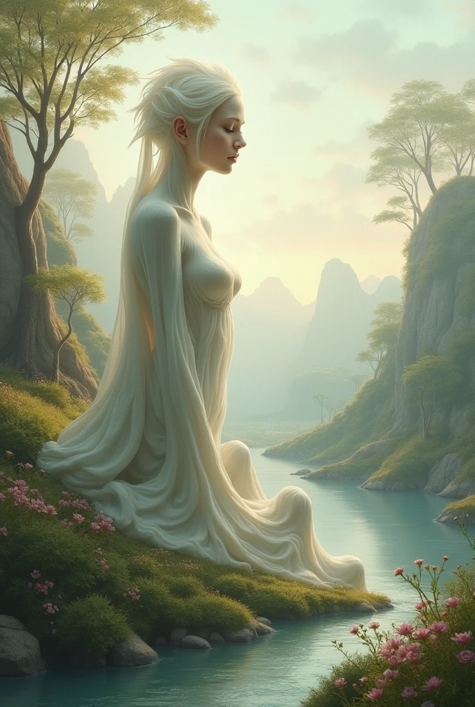 on river with many lotus, there are three small greek woman swim and chill, river, water, lotus, lotus litter flower, plan, tree far away, dramatic sky, dramatic cloud, on a dust field, naked, female greek,female greek god, white hair, hairy torso, fantasy, intricate, elegant, highly detailed, digital painting, artstation, concept art, smooth, sharp focus, illustration, naked