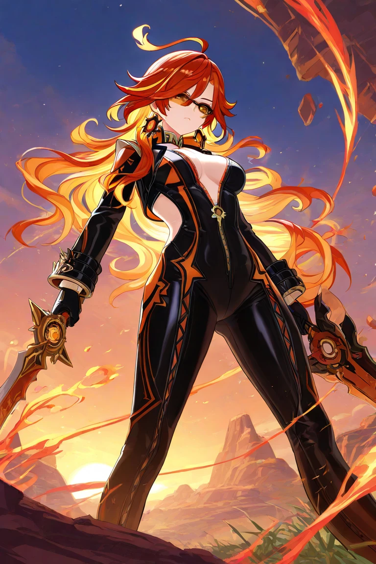long orange hair, green eyes, large cleavage, red lipstick, black latex boots