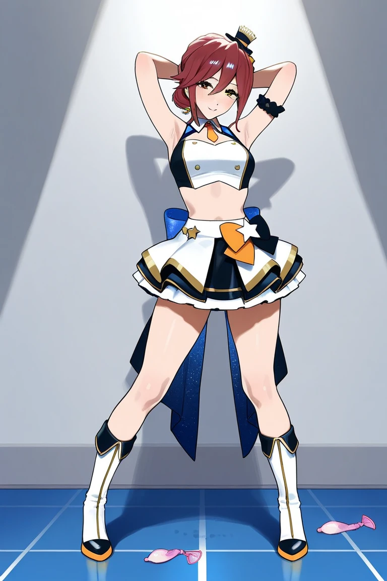 1990s anime、open pose、Full body camera angle、on a stage、Lots of spotlights、blue green hair、Yellow Ribbon、shorth hair、1 girl in、Solo、Magical Emi、a smile、raise both arm、White Sleeveless Stand Collar Shirt、Big Round Gemstone Thailand、Thin fabric outfit、Wet and clothes are see-through、Yogurt falls all over the body、long drooping udder、large areola、bulging areol、Black gloves that cover up to the elbows、Show both armpits、Lifting an upside-down top hat with one hand、A large amount of yogurt from inside the top hat、Spread your legs、Emphasis on the crotch、squatt、