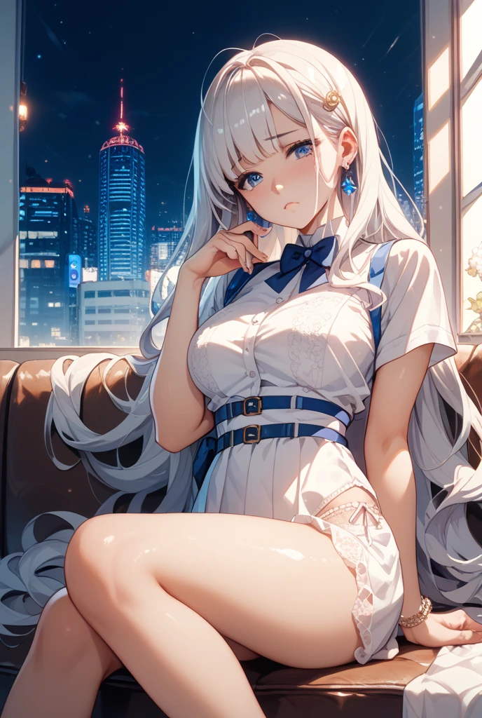 (8K, Highest Quality, Masterpiece:1.3)), Ultra High Resolution, (One Girl, One Person), (Color Changing Eyes, Super Detailed, Expressive Sparkle, Sparkling, Glowing Eyes), Highly Detailed Eyes, Highly Detailed Face, Random Hair, (Silver Gray Color), "A woman lying on her back wearing a sailor uniform with an open neckline." The background is the rooftop of a school, with the sky spreading out, fences and benches. It is after school, and the light of the setting sun softly illuminates the woman's figure. The woman is lying on her back, with her silver hair spread out. She is wearing a white and navy sailor uniform with a wide open neckline. The V-shaped cut of the sailor uniform emphasizes her chest, and a cute light pink bra can be seen underneath. The bra has a frill and ribbon design. The skirt of the sailor uniform is slightly lifted, and the skirt above her knees is fluttering in the wind. Her expression is a relaxed smile with a slight blush. The warm light of the setting sun softly illuminates her skin, adding an ethereal glow to her overall look.