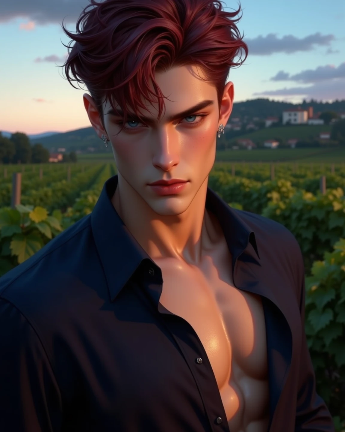 (absurdres, highres, ultra detailed), 1 male, solo, beautiful, handsome, extremely detailed facial features, tall muscular guy, smooth skin, sexy gaze, mature, verious red and pink roses around him, the man is standing comfortably in the roses, from directly above, gorgeous, wet, model pose, colorful, artistic, depth of field, focus on his calm facial features, elegant look, looking at the viewers romantically, shirtless, bare body, wearing a winter coat and a brief,