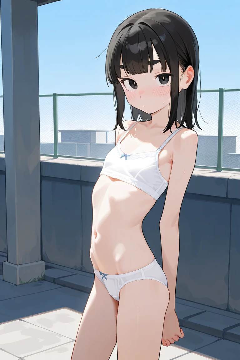 1 young girl, short black hair, blue eyes, bashful and cute face, full body photo, wearing white bikini, both arms over head, standing on city balcony, absurdres, high res, ultrasharp, 8K, masterpiece, looking at viewer