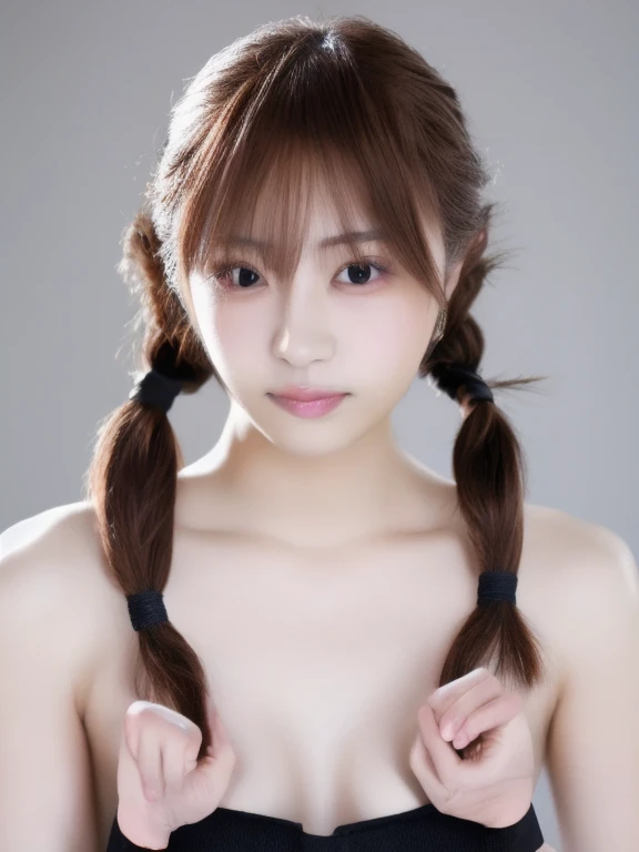 highest quality, Realistic, 8K, High resolution, 1 Girl, woman, (Skin dents), (Portraiture:0.6), nice, ((White Background, naked, Small breasts:1.65)), (Long brown hair in twin tails, Parted bangs:1.4), Watching the audience, (1 Girl eyes Watching the audience:1.6), Realistic, (Bokeh), (Closed Mouth, smile:1.3), nice, Purelos Face_V1:1,Upper body close-up、