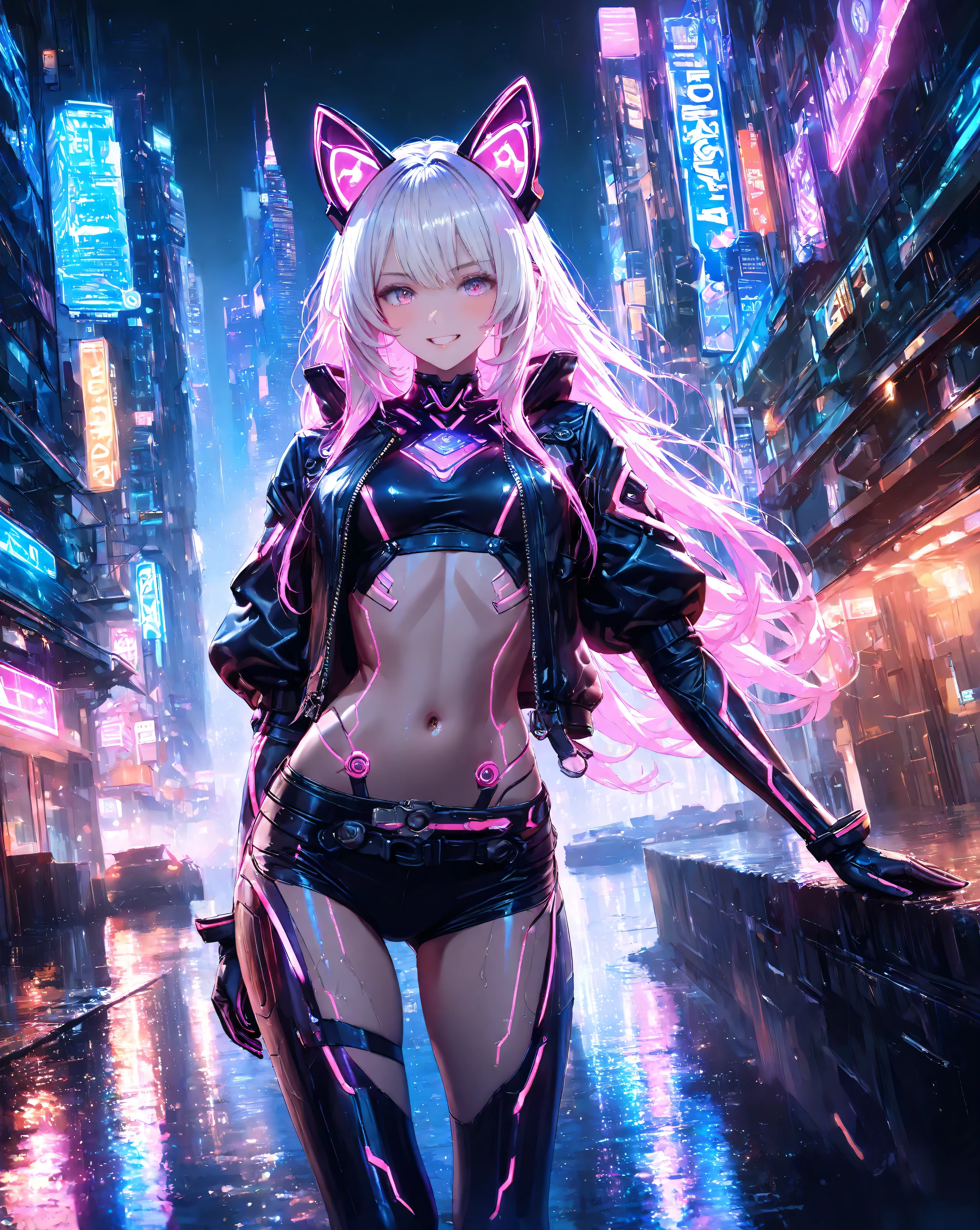 Quality:(Score_9), (masterpiece, detailed:1.2), (ultra-detailed), (ultra-quality), (super-resolution), (detailed-background)

Art Style:(photorealistic):1.4, (2.5D):1.5, (realistic lighting):1.3, (realistic texture):1.2, cinematic lighting, volumetric lighting, ray tracing, depth of field, neon glow, cyberpunk lighting, vibrant pastel color palette, dramatic angle

Subject (Foreground):
(close-up), (upper body),(Breathtaking 20-Year-Old Fairy Cat Bounty Hunter Woman):1.5, (triumphant-grin):1.4,(determined expression), vivid eyes, delicate and moisturized lips, smooth and Slender body lines, translucent and moisturized skin, graceful knee lines, natural and beautiful leg lines, delicate body contours,
(detailed-skin-texture):1.3,
(platinum hair with neon highlights):1.2, shimmering with digital light, meticulously detailed strands of hair, silky smooth texture, flowing like it flutters in the wind, natural shading and highlights,
(cyber cat ears):1.2, emitting faint holographic glows,
(mechanical cat tail):1.2, with visible intricate circuitry and a subtle hum,
(cyberware from which the fox tail emerges):1.2, subtly pulsating with light,
(natural and graceful hand pose):1.3, (perfect human hands):1.2, (anatomically correct hands):1.2, hands based on realistic human body structure, transparent fingertips, clearly defined joints, detailed expression of the fingers, 
(dynamic action pose):1.3, 

Outfit:(cyberpunk techwear):1.6, (belly-exposing crop top):1.6, (black leather jacket with neon glowing lines):1.5, (short-sleeved black leather jacket):1.4, (harness and straps):1.3, (armored gloves):1.3, (futuristic combat boots):1.3

Background (Midground & Background):
(cyberpunk cityscape street level):1.6, (neon lit city street), (futuristic buildings), (subtle glowing holographic advertisements), (light rain on wet pavement), (steam from street vents), (distant skyscrapers), (empty street), (calm cityscape), (depth of field:1.2), (bokeh foreground)
