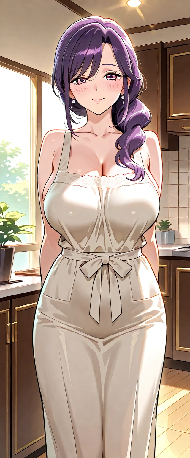 mature beautiful wife,Large Breasts,cleavage,Shy,blush,kitchen,cloudy day,Purple lace,Purple lace,stockings,pant,earrings,Lipstick,brown hair,Clothes are thin,Side braids,noble,Wear a gold bracelet on your right hand,There is food on the deck,Nipple showing