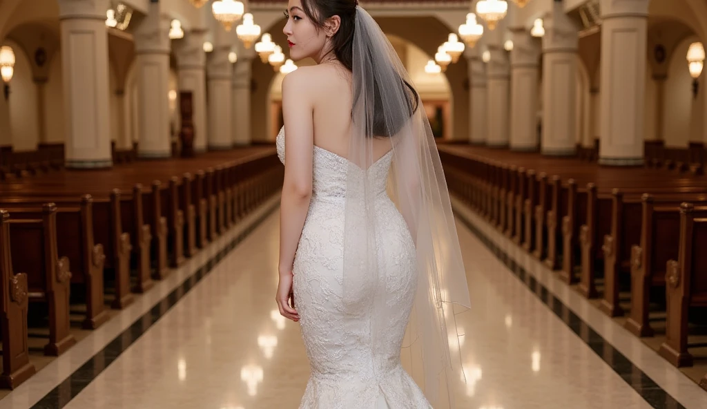 Woman in wedding outfit big ass church scenery