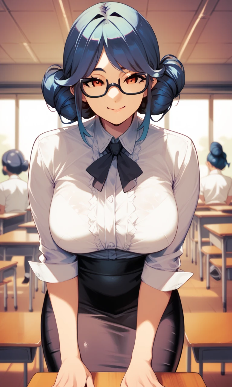 Igawa_Asagi, dark blue hair, long hair,  folded ponytail,hair between eyes, aqua eyes, large breasts,score_9, score_8_up, score_7_up, perfect hands, perfect finger,perfect , masterpiece, best quality,realistic, hyperrealistic, 16k hdr,1 mature female,white blouse, frills, pencil skirt, black miniskirt, black pantyhose, long sleeves, indoors,writing on  chalkboard, high school,standing,sweat,(red blush,angry,orgasm:1.2),(POV holding remote controller),(motion lines:1.2),(looking forward:1.3),from below,(love juice:1.2),(glasses:1.2)