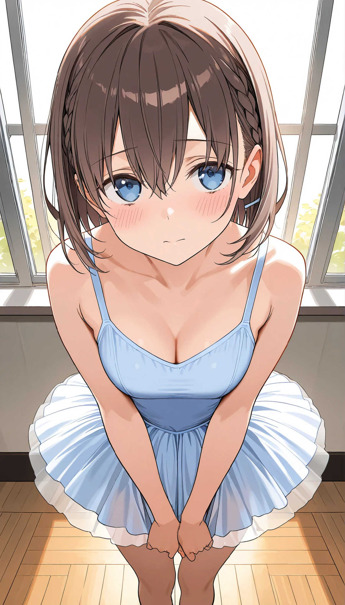 masterpiece, best quality, ultra detailed, highres, 4k, score_9, score_8_up, score_7_up, source_anime, 1girl, ai-chan from tawawa on monday, blush, ballet studio, ballerina, tutu, bare legs