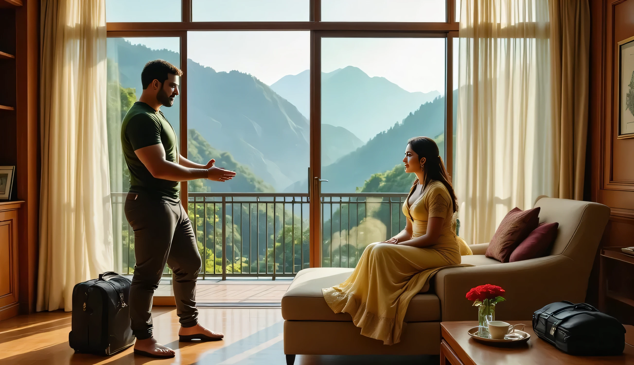 flux pro,traditional dress,traditional Indian Dress,traditional blouse,Interior of a luxurious lodge room in Cherrapunji, framed with elegant teakwood paneling and floor-to-ceiling glass doors that open to a balcony revealing a mist-covered mountain range. A 28-year-old Indian man, sharp features, light stubble, wearing a casual luxury sweater and chinos, stands near the balcony door, partially backlit by soft golden morning light. His body is slightly turned, right hand gesturing with calm authority or persuasion.
Seated on a cushioned chaise lounge near the window, a 25-year-old Indian woman, long straight hair, wearing a pastel-colored kurti and shawl, listens silently. Her eyes aren’t fully on him — they're on the horizon. Her hands nervously clutch the fabric on her lap. The distance between them is intimate — yet emotionally fractured, hinting that something deeper is being discussed.
Lighting & Mood: Natural light filters in through gauzy white curtains, casting symbolic light-and-shadow lines across the polished floor — mirroring internal conflict. The mountains beyond the glass feel endless and serene, yet isolating — symbolizing choices ahead.
Symbolism: A travel bag partially zipped near the wall. A photo frame turned face-down on a shelf. A room service tray with untouched tea — time has paused, tension has not. A single red rose in a vase between them — beautiful but fragile.