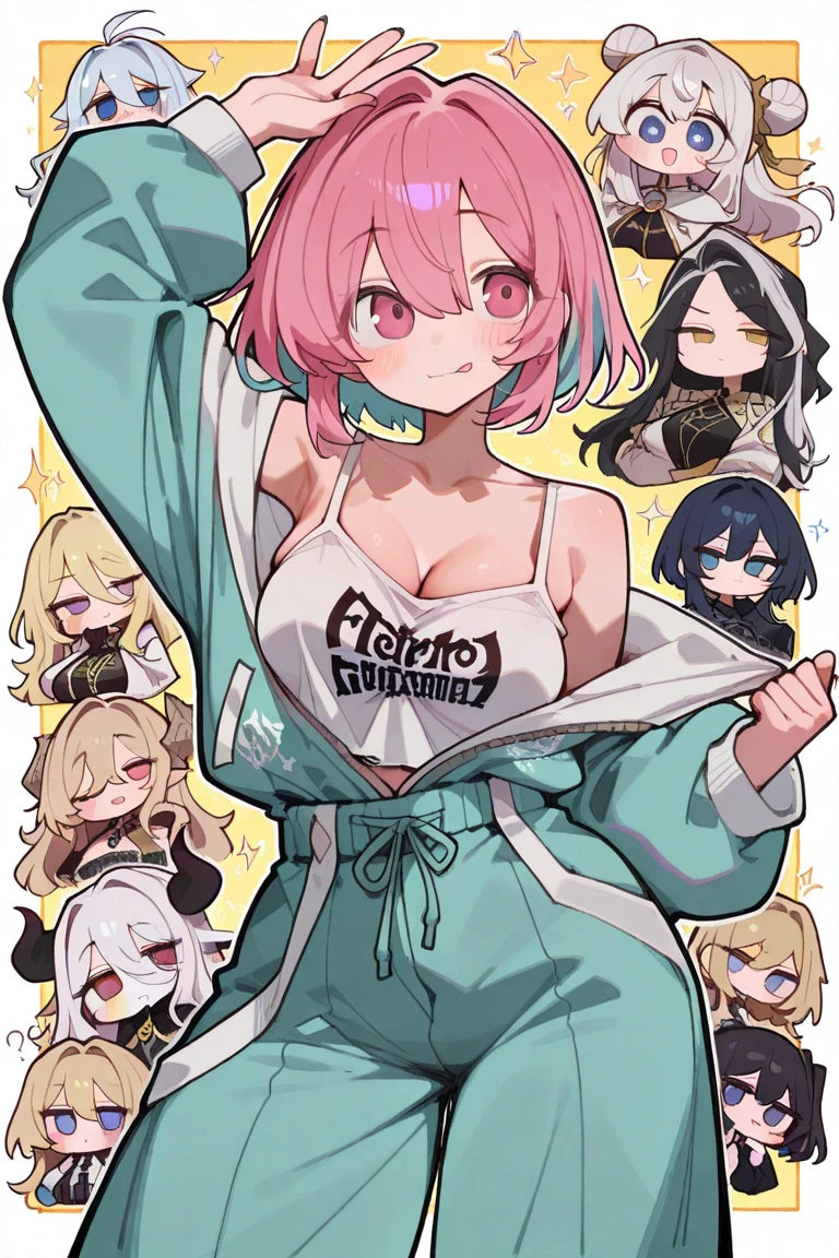 (highest quality, amazing details: 1.25), (3heads:1.5), 1girl, smug, blonde hair, brown hair, black hair,casual wear, purple turtleneck, medium breasts, strong and confident expressions, classroom,