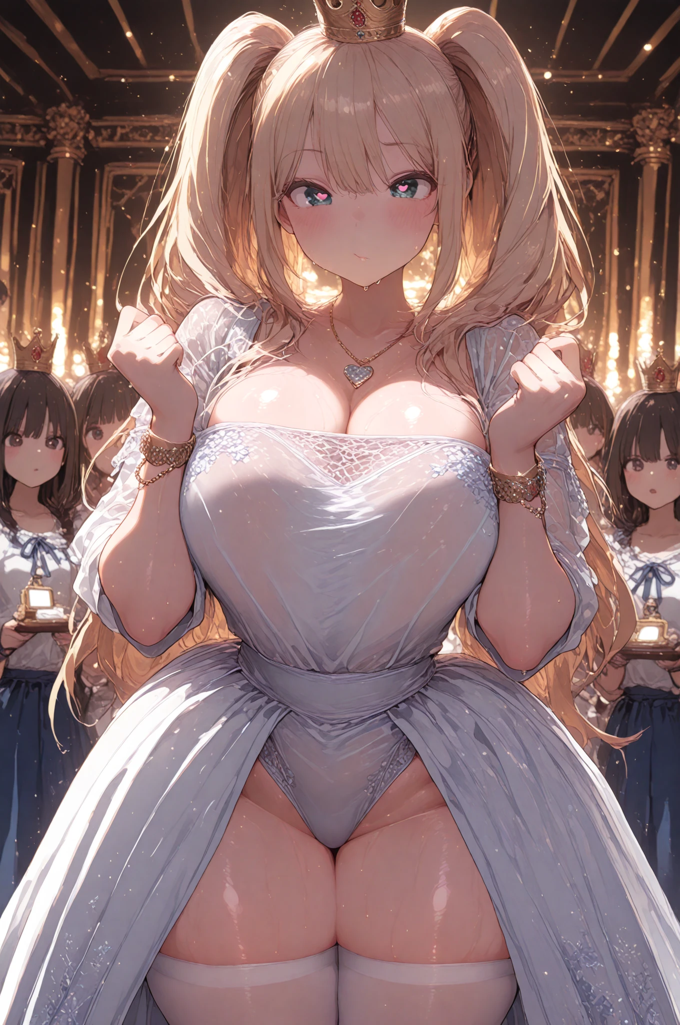 6+ girls, tottering, closed eyes, screaming, pain, white lingerie, feather, goddess-like figure, Huge breasts, Perfect body slim curves, lightning