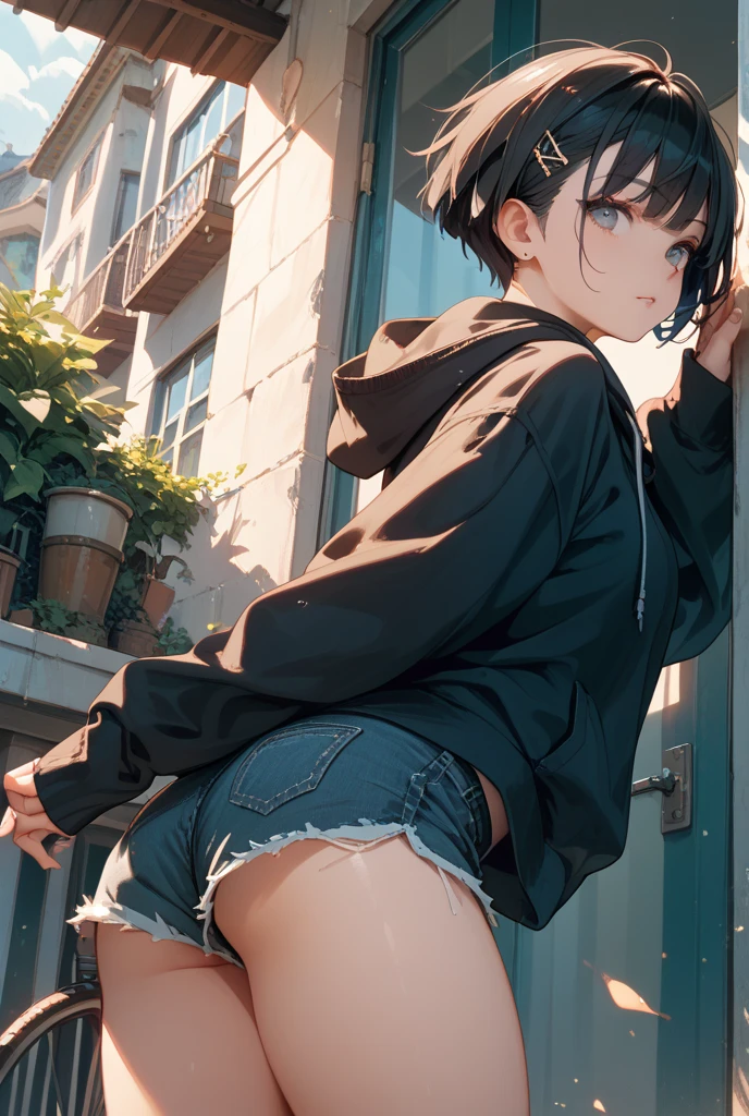 [(Beautiful young girl) (short black hair) (blue eyes) (flat chest)]  ([high Definition] [correct anatomy]): (standing in front a window) (morning time) (wearing a black hoodie) (wearing no pants) (wearing no panties) (her back perspective) (using headsets) (rising her hands) ) (no facing the camera) (looking outside thru the window)