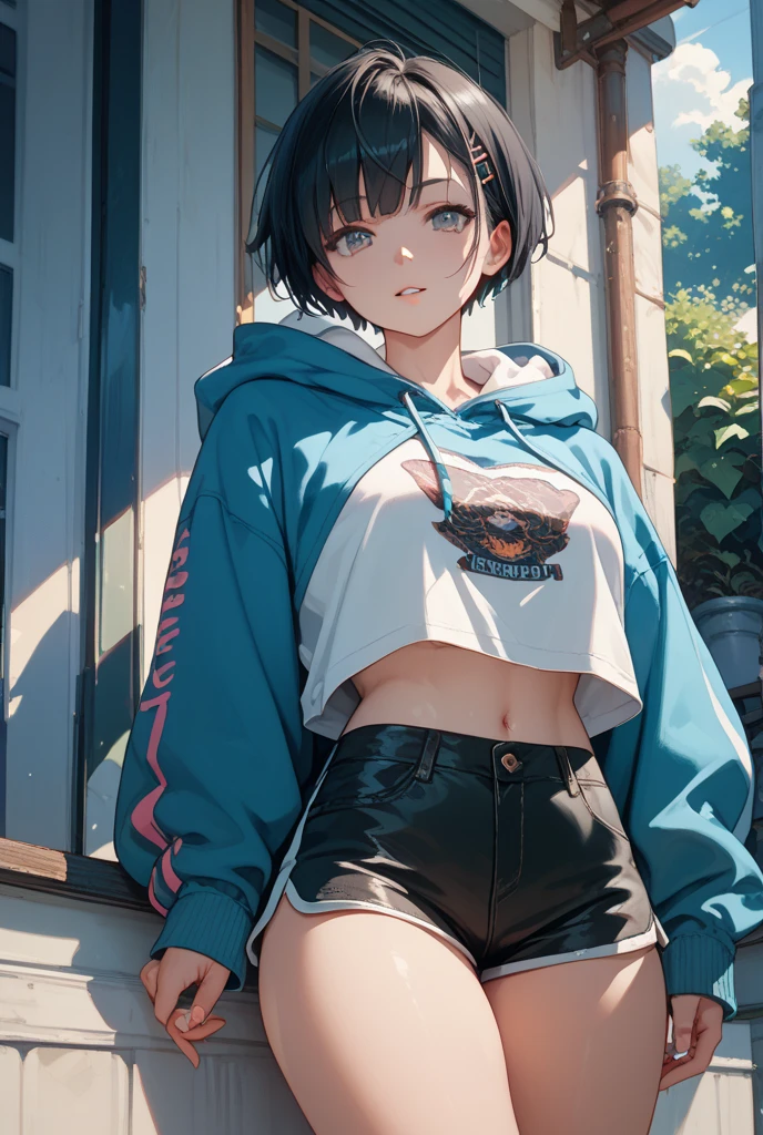 Masterpiece, wide smile, feminine girl black short (white hair), punk hair style, half shaved hair style, (horny face expression), has wolf ears, had wolf tail, action pose, wearing denim shorts and a cropped black hoodie, (playing on electro guitar), thick thighs, wide hips, wearing thigh high socks, solo, alone, no wolves, showing belly, has glowing blue eyes, flat chest