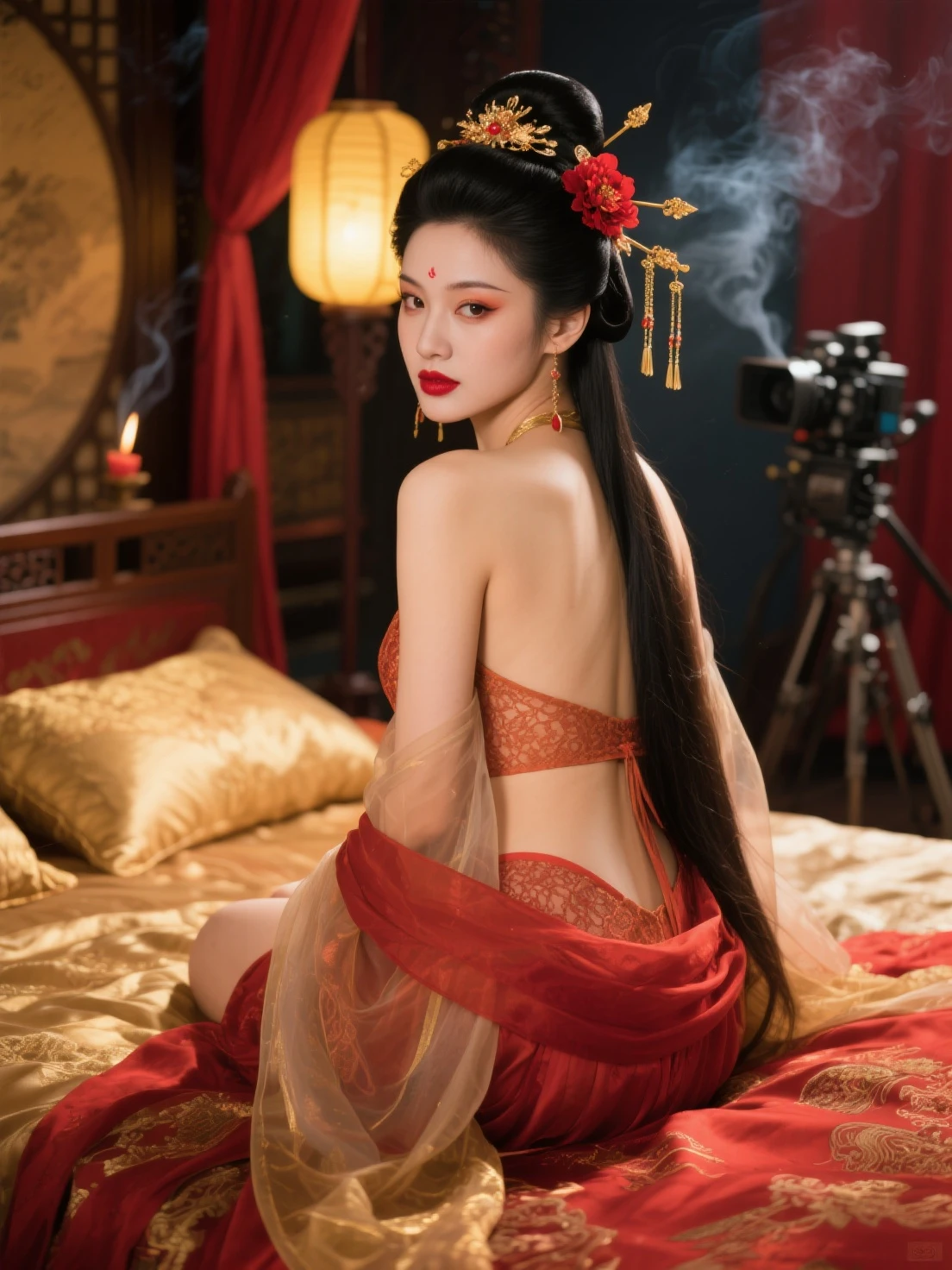 The Qing Dynasty woman is naked and has slightly large breasts., Pose on all fours, You can see her sticking out her butt from the side., The background is outside of a Qing Dynasty palace