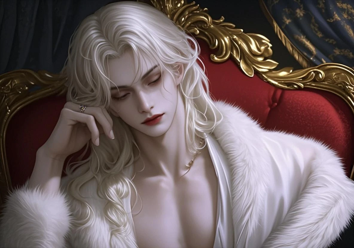 masterpiece, highest quality, (solo focus), (perfect face:1.1), (intricate details:1.1),dramatic, 1guy, (pale skin), long white hair, white eyes, solo, long hair, moon, night, winter, white luxury suit, covered navel, pouty lips, vampire, gorgeous hyper detailed face, covered, roses, detailed background, bats and candy, cinematic lighting, seductive, laying down