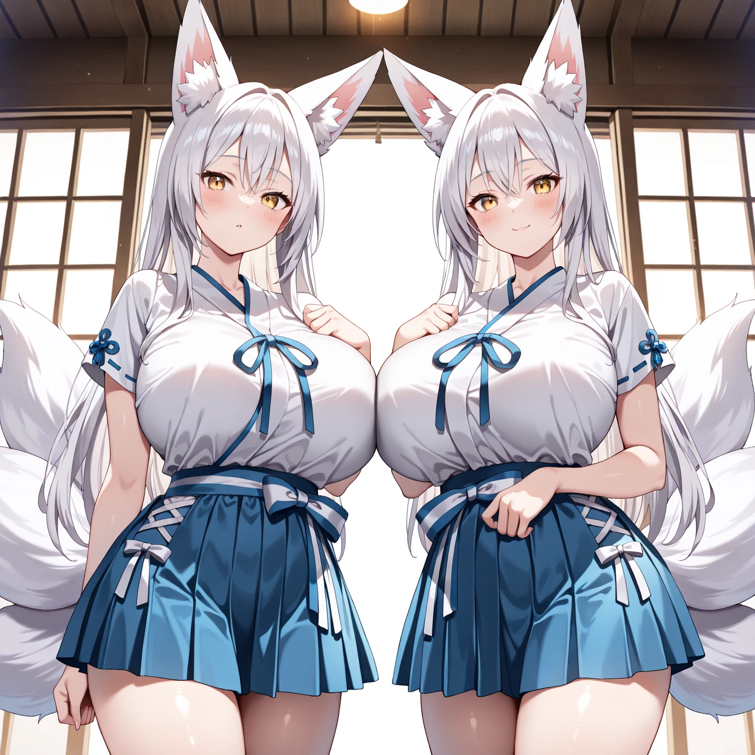 (cute eyes:1.3), (sparkling eyes:1.2), highest quality,wonderful,finely,extremely detailed CG Unity 8K wallpaper, (2 Girls), (white hair, pink eyes, short hair, straight hair, nekomimi, (clothed)), (skinny body:1.3),(huge breasts), (competition swimsuit :1.2), golden pattern cheongsam), (cum on nipple:1.2),(torn clothes:1.2) (open mouth:1.1), (embarrassed:1.1), (Black knee socks:1.1),(Thighs:1.2),(Waistline:1.2), (from above:1.2)