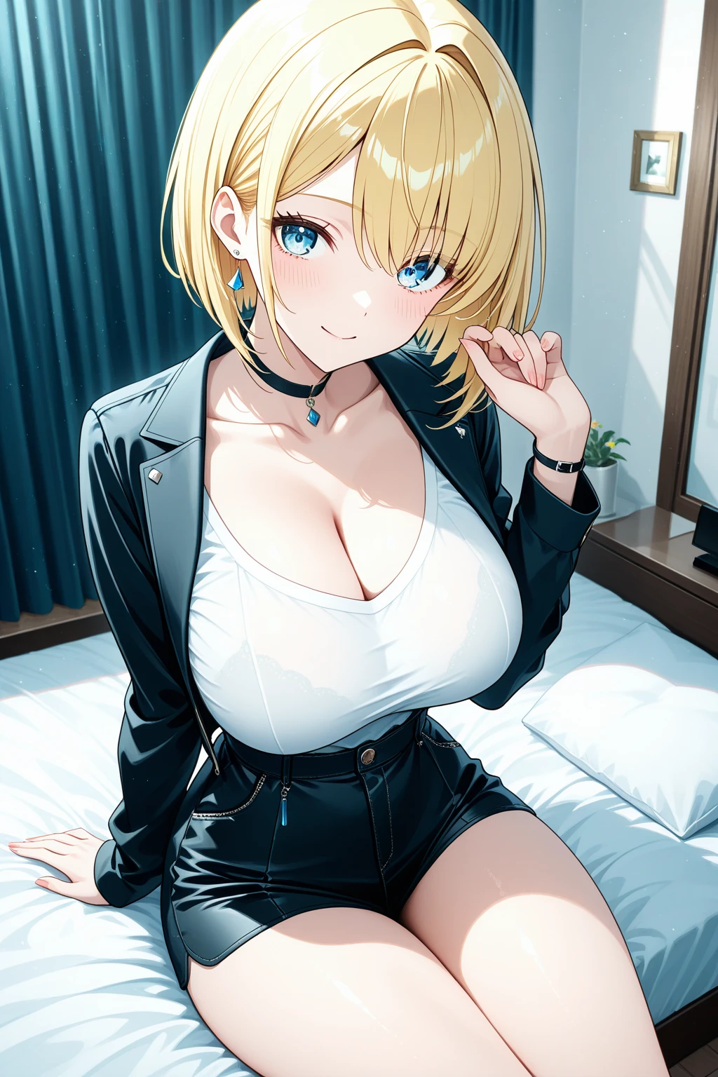 1 girl,blonde hair,bob,Patsun bangs,purple eyes,beautiful and fine eyes,big breasts,big breasts,nsfw,cute,smile,Happy,blush,heavy breathing,trembling,put your hand on your face,crop top,choker,noon,field