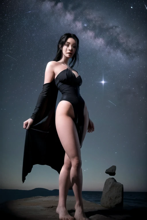 Jaime Lee Curtis, 25 years old, full body on her back looking at the camera, black strapless turtleneck, sexy scooped butt and crotch, perfect woman, cyber bracelets, gold choker, big hoop earrings, gold headband, sexy pose , short hair, athletic curvy body, light eyes, look at the camera, sensitive facial expression, face photo, romanticism, sandy desert, rocks, night sky, moon, rays of light, sensual