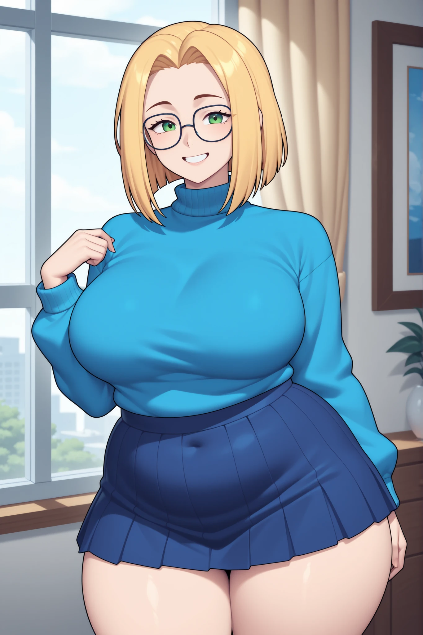 masterpiece, best quality, 1girl, solo, milfication, mature female, milf, gigantic breasts, curly hair, very short hair, blonde hair, swept bangs, blue eyes, glasses, green shirt, denim, upper body, living room, hands on hips, looking at viewer, smile