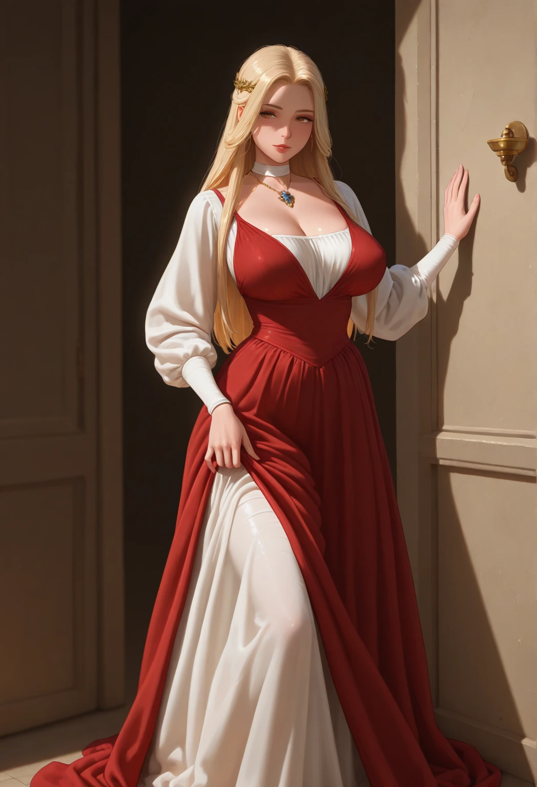 (Masterpiece, high res, highly detailed, 8K), high stature, long hair light chestnut tone, big and almond eyes, intense green eyes, slender and elegant figure, she wears a elegant red dress, red elegant shoes, ((((Massive Breasts)))), micro waist,  Full body. Garden in the night background